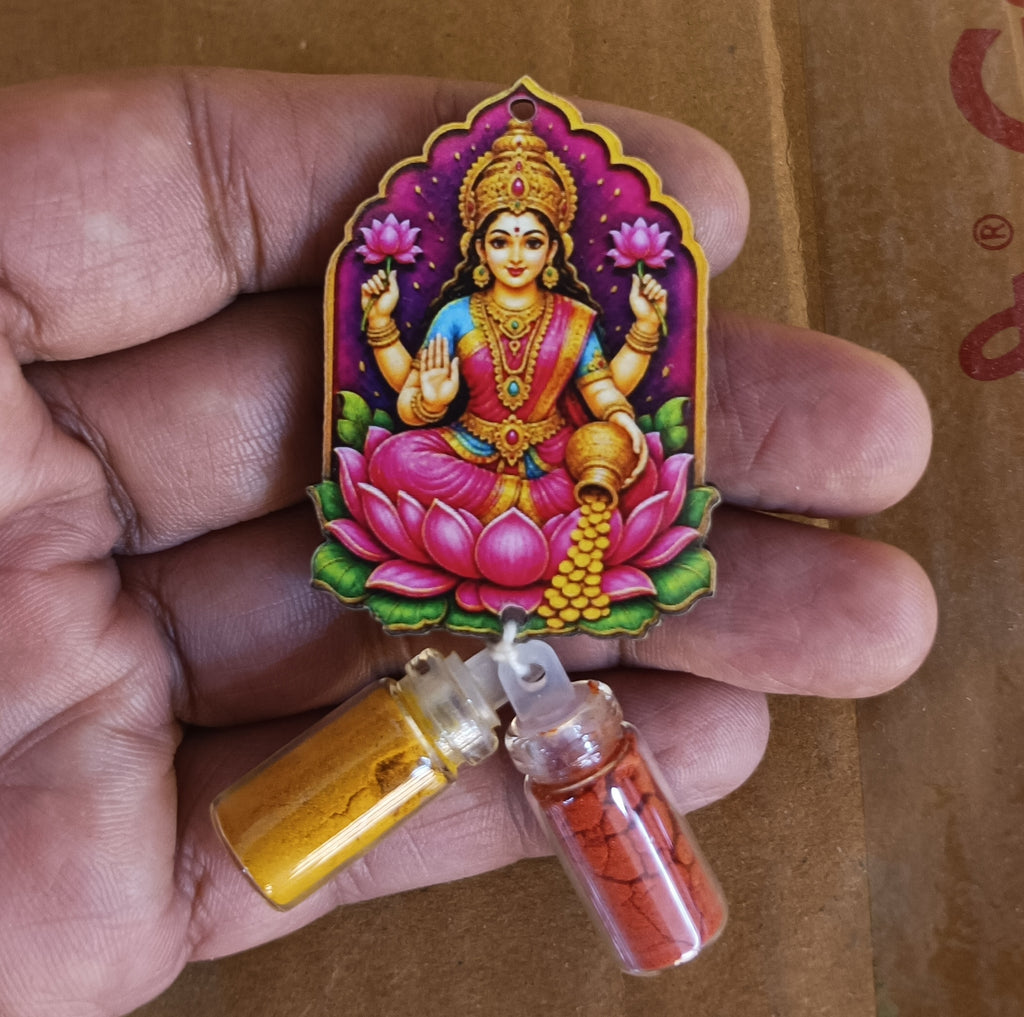 Haldi Roli 1ml mini Bottles with MDF Lakshmi ji (2 Inch), with Fridge Magnet P59