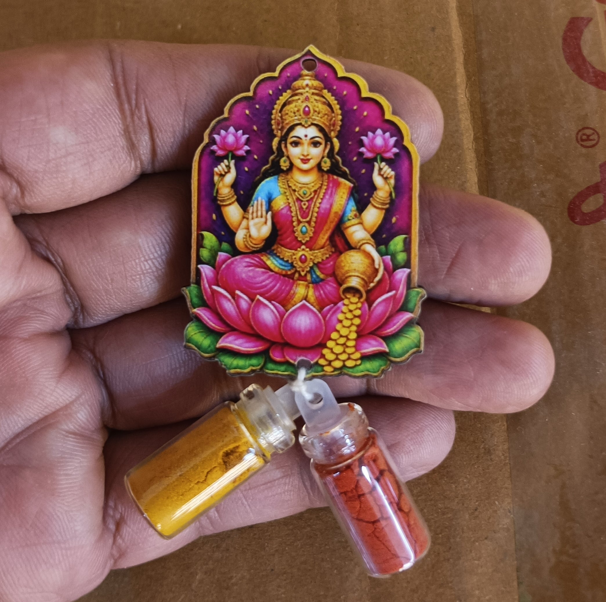 Haldi Roli 1ml mini Bottles with MDF Lakshmi ji (2 Inch), with Fridge Magnet P59