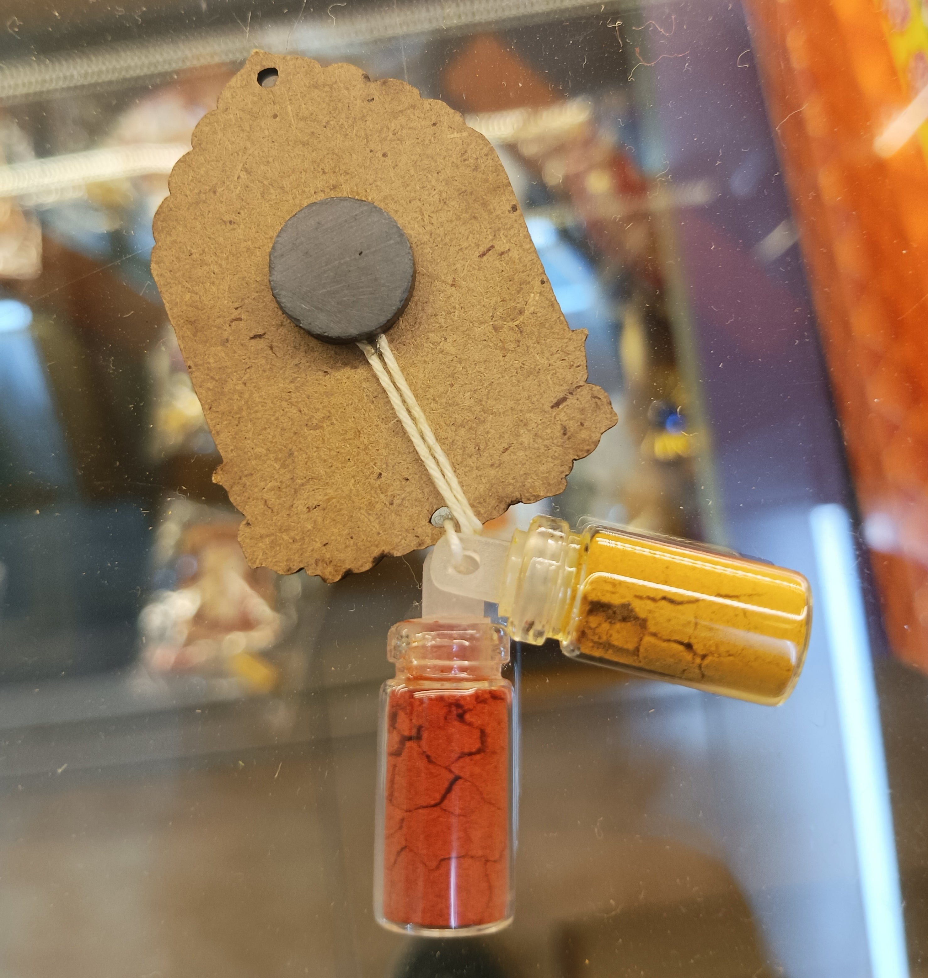 Haldi Roli 1ml mini Bottles with MDF Lakshmi ji (2 Inch), with Fridge Magnet P59