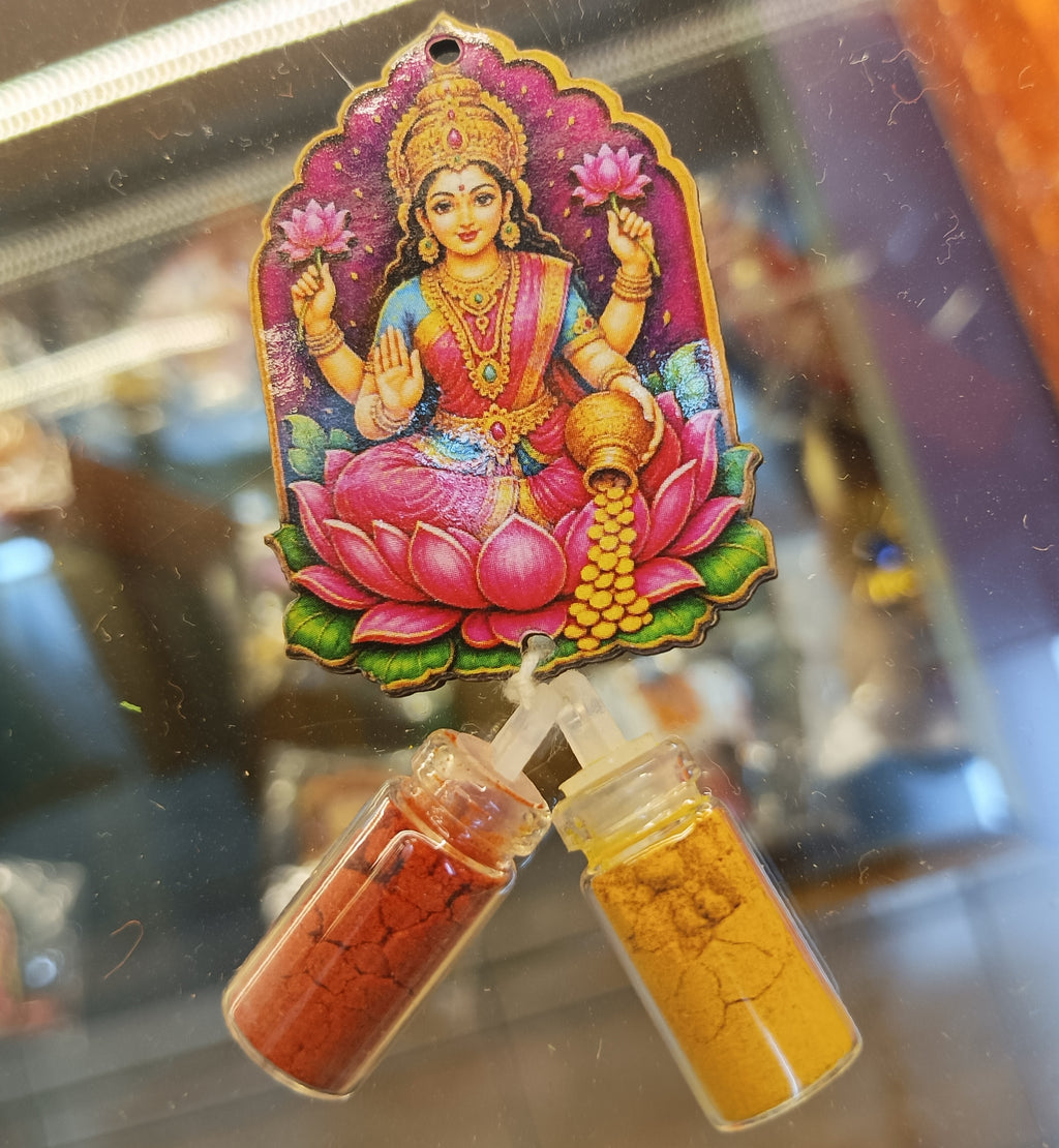 Haldi Roli 1ml mini Bottles with MDF Lakshmi ji (2 Inch), with Fridge Magnet P59