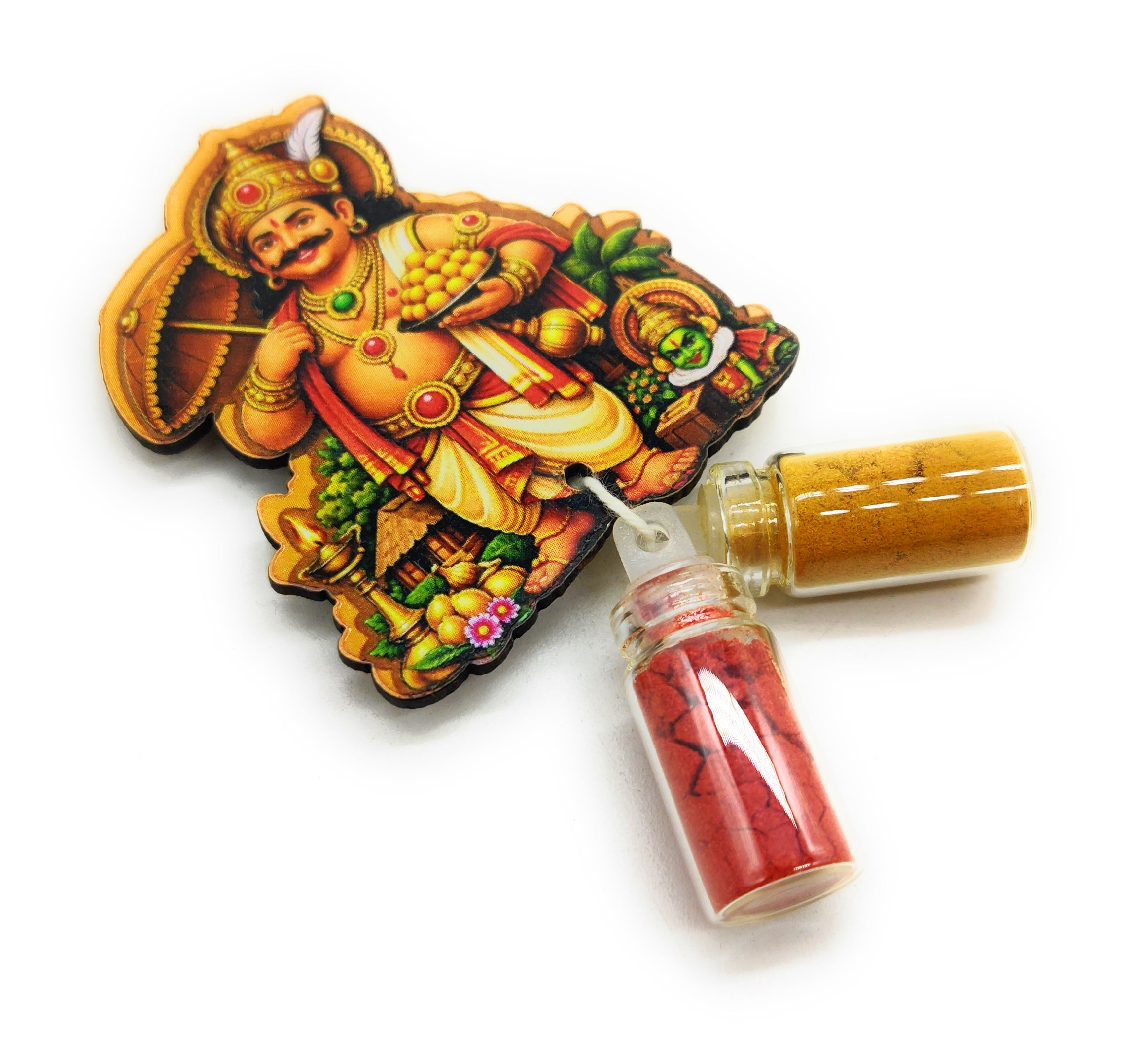 Haldi Roli 1ml mini Bottles with MDF Mahabali ji (2 Inch), with Fridge Magnet P53