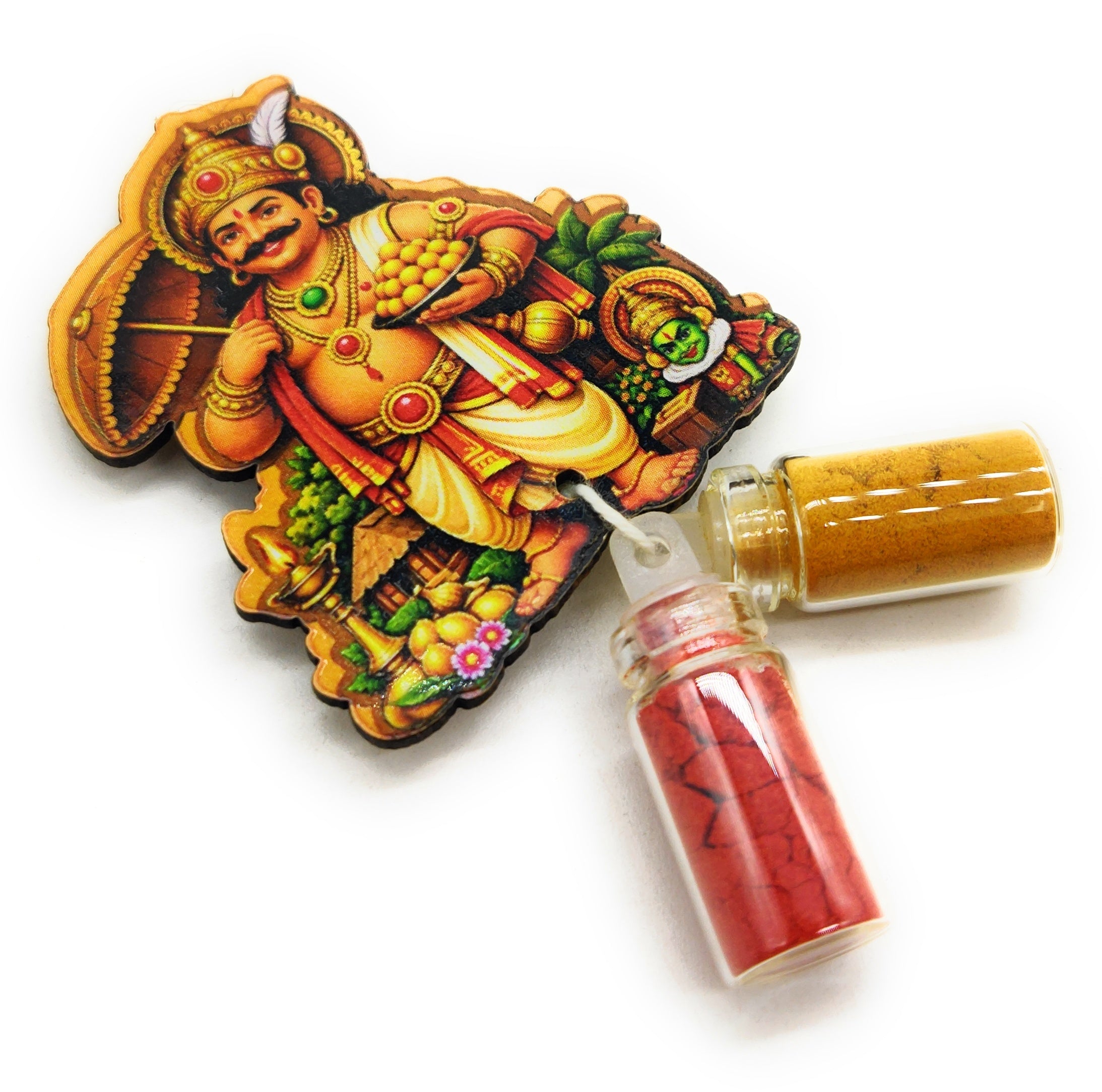 Haldi Roli 1ml mini Bottles with MDF Mahabali ji (2 Inch), with Fridge Magnet P53