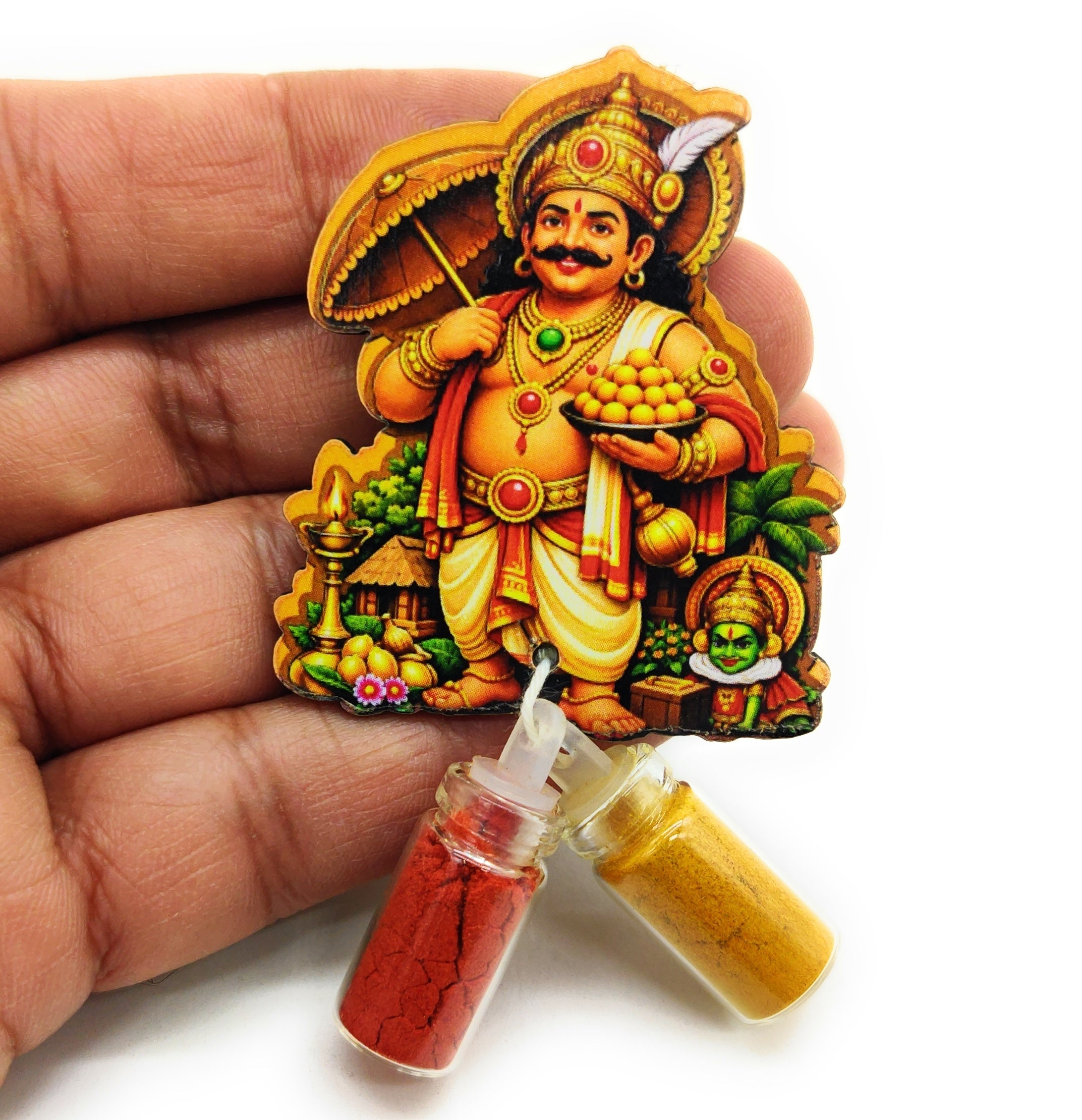 Haldi Roli 1ml mini Bottles with MDF Mahabali ji (2 Inch), with Fridge Magnet P53