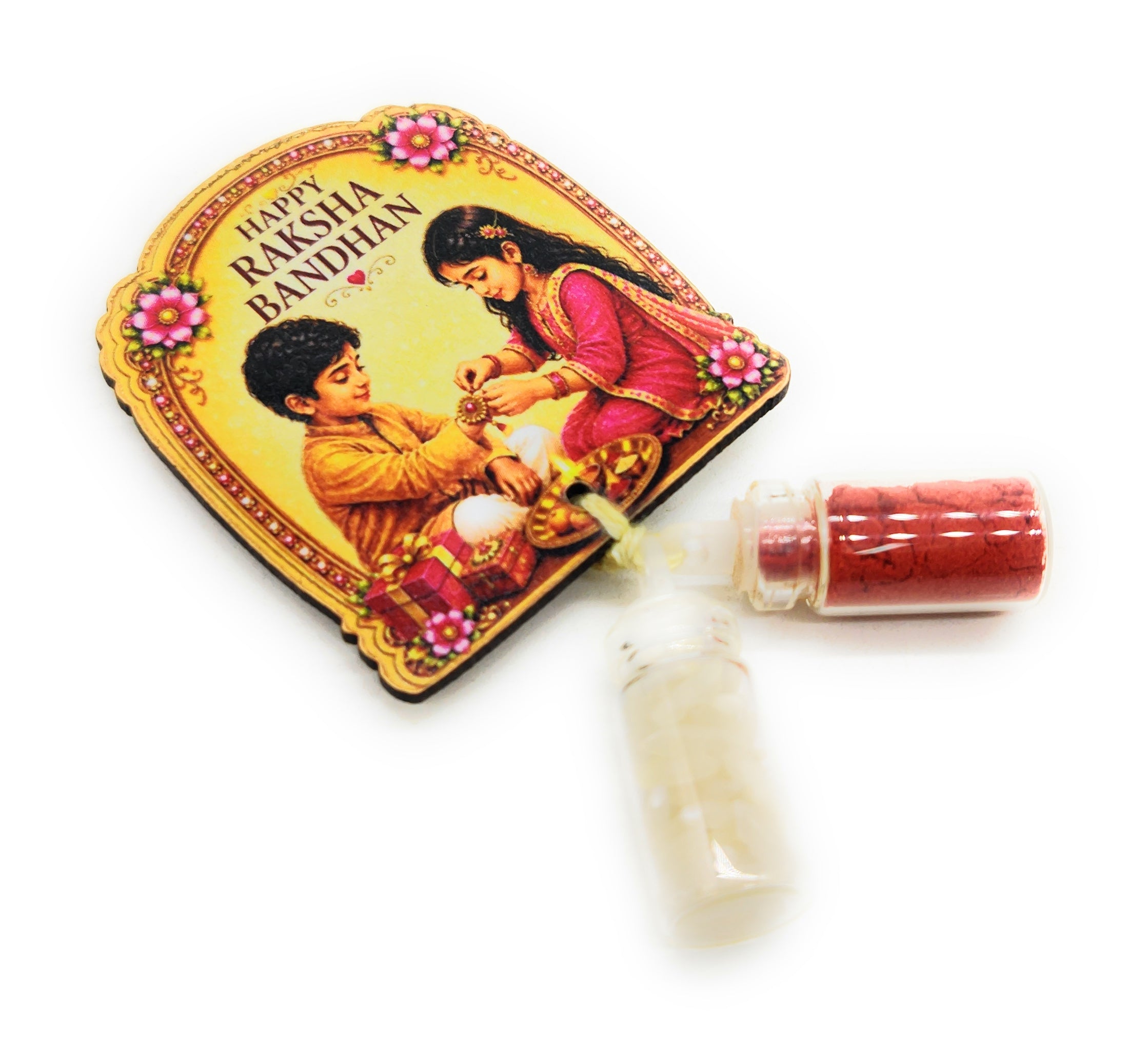 Roli Chawal 1ml mini Bottles with MDF Raksha Bandhan (2 Inch), with Fridge Magnet  P61