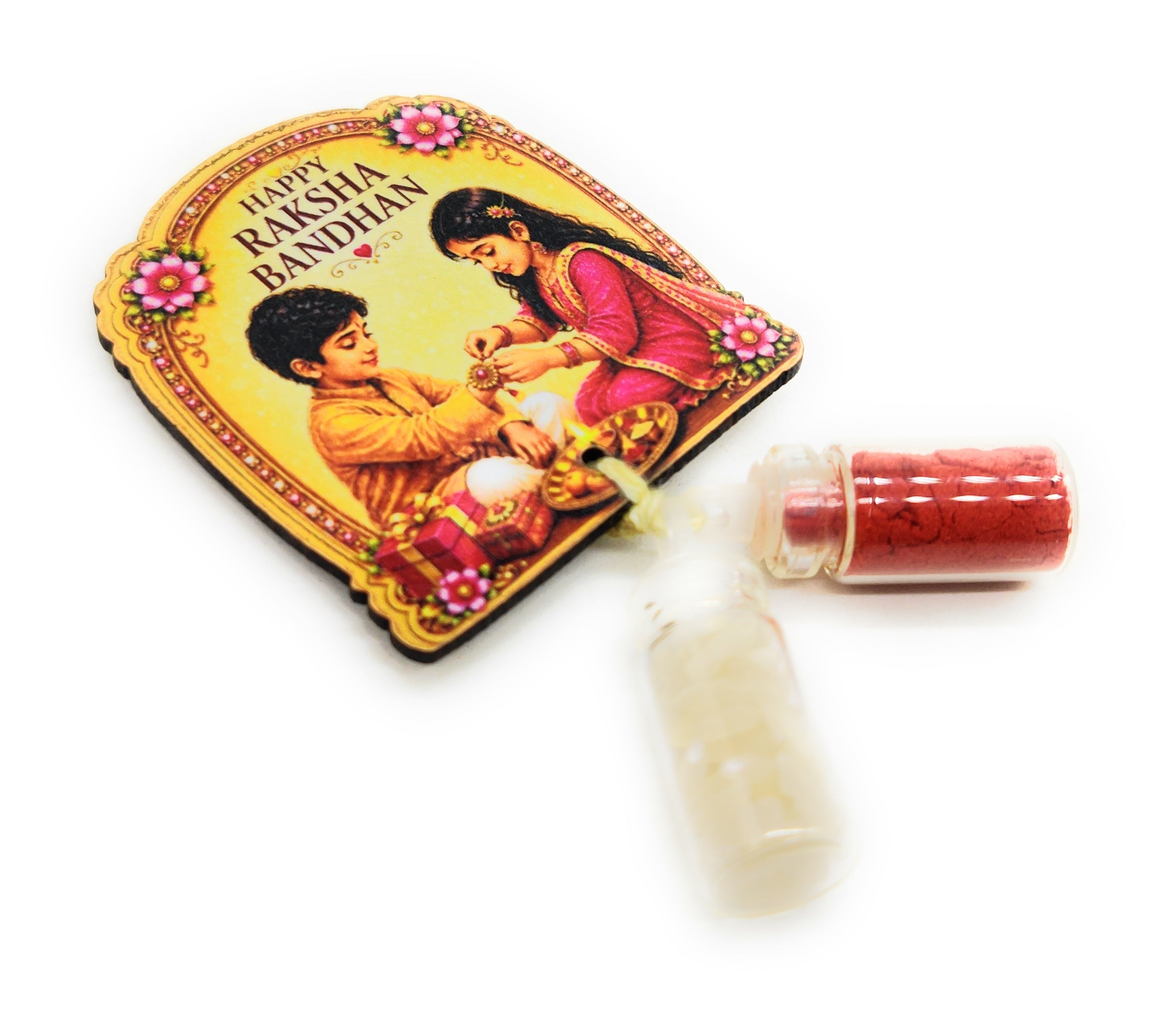 Roli Chawal 1ml mini Bottles with MDF Raksha Bandhan (2 Inch), with Fridge Magnet  P61