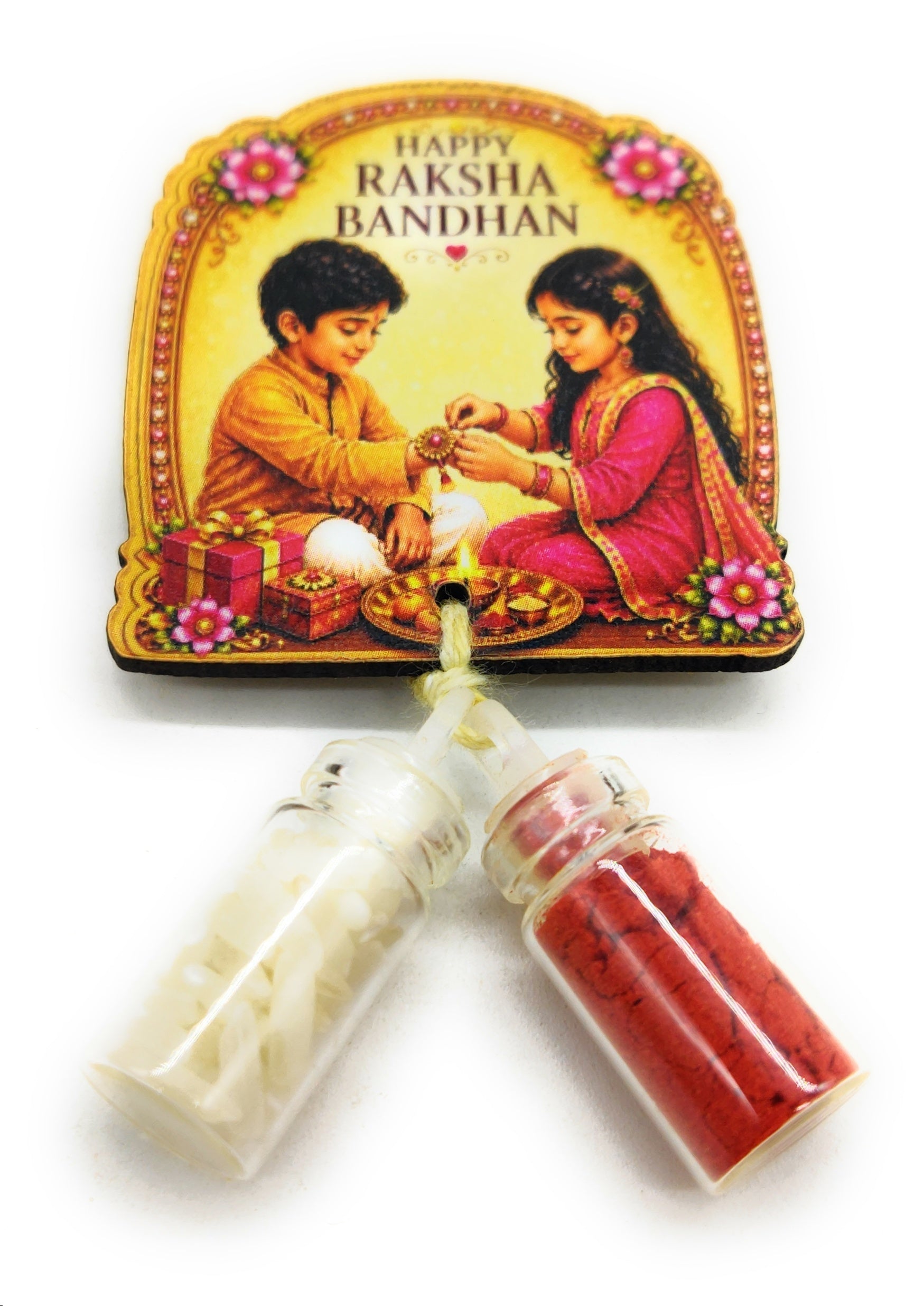 Roli Chawal 1ml mini Bottles with MDF Raksha Bandhan (2 Inch), with Fridge Magnet  P61