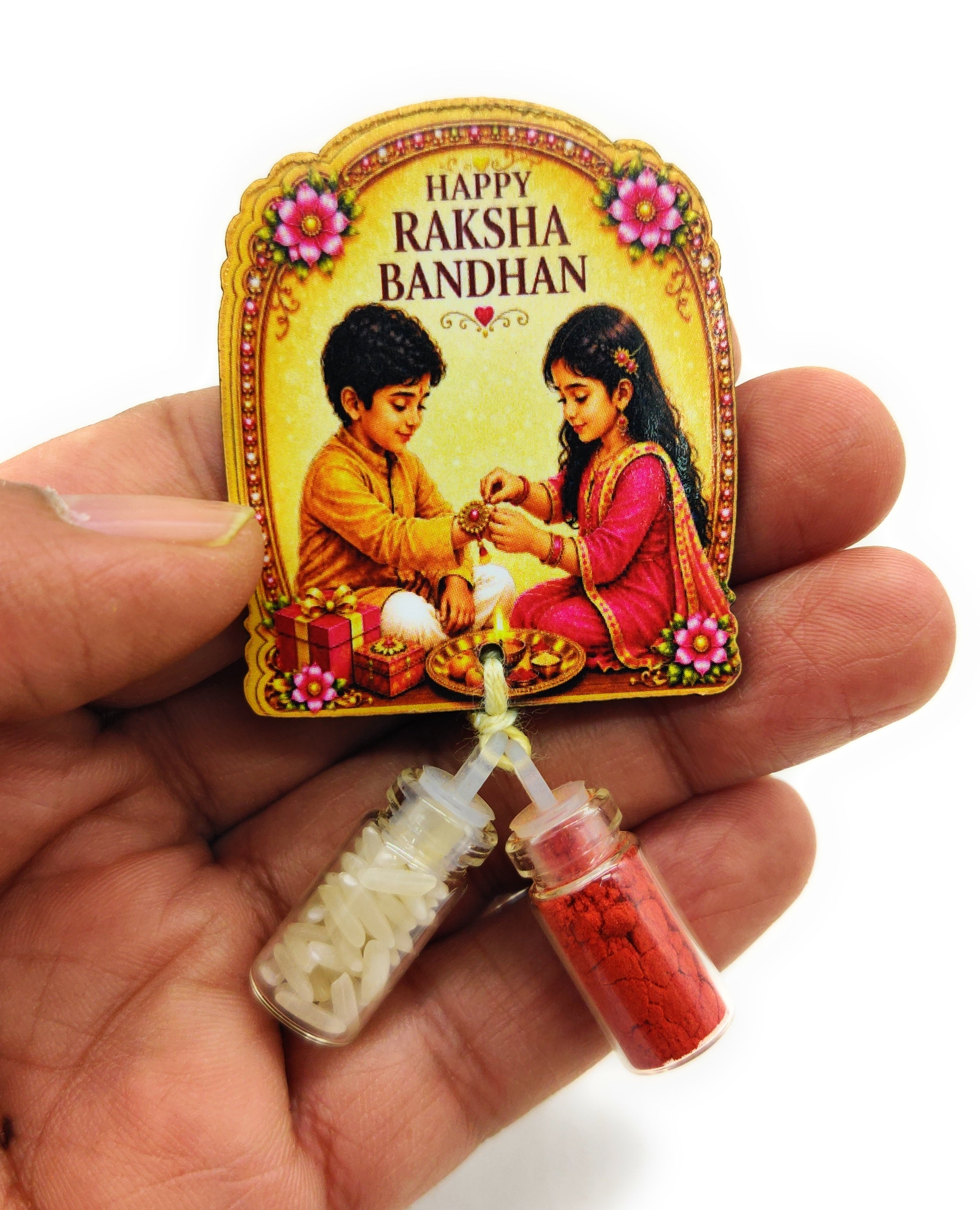 Roli Chawal 1ml mini Bottles with MDF Raksha Bandhan (2 Inch), with Fridge Magnet  P61