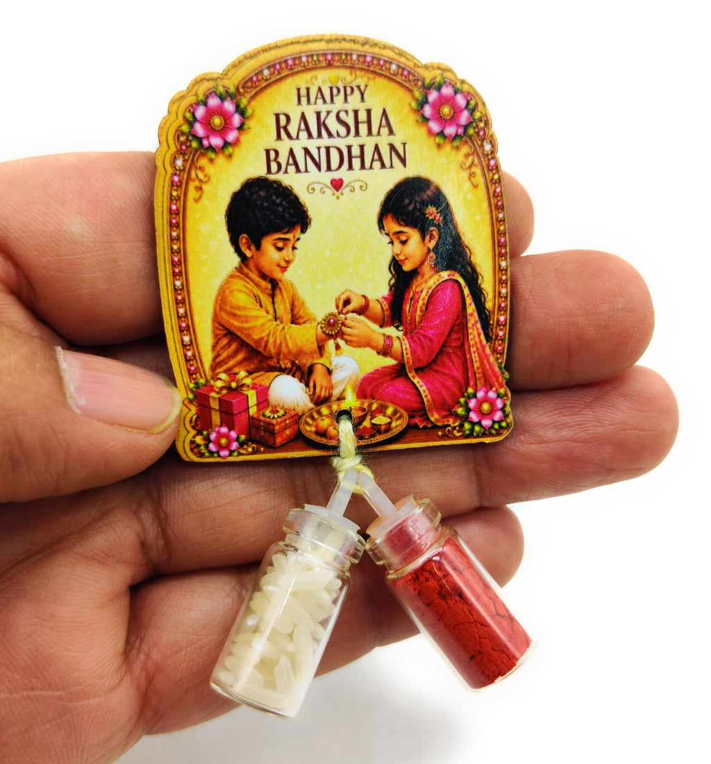Roli Chawal 1ml mini Bottles with MDF Raksha Bandhan (2 Inch), with Fridge Magnet  P61