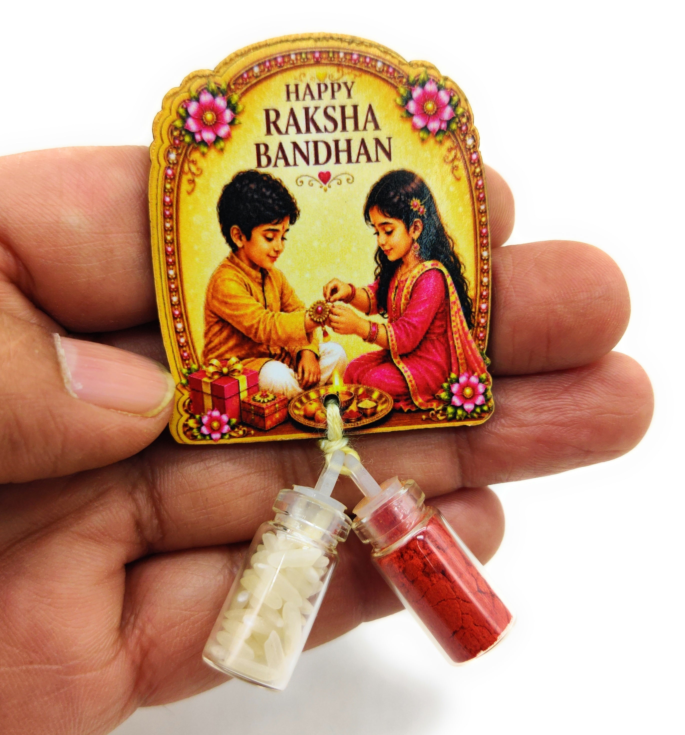 Roli Chawal 1ml mini Bottles with MDF Raksha Bandhan (2 Inch), with Fridge Magnet  P61