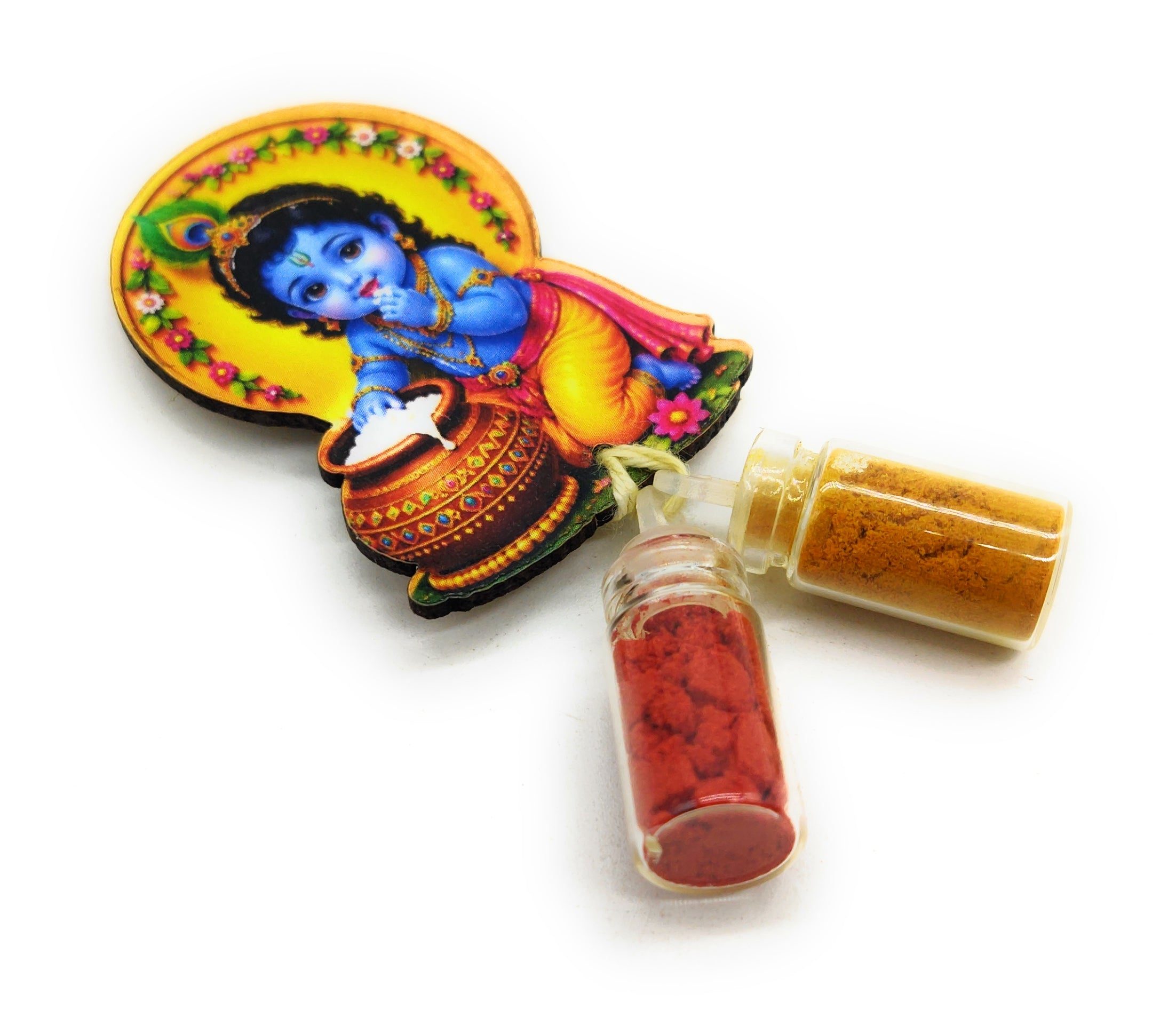 Haldi Roli 1ml mini Bottles with MDF Krishan ji (2 Inch), with Fridge Magnet P52