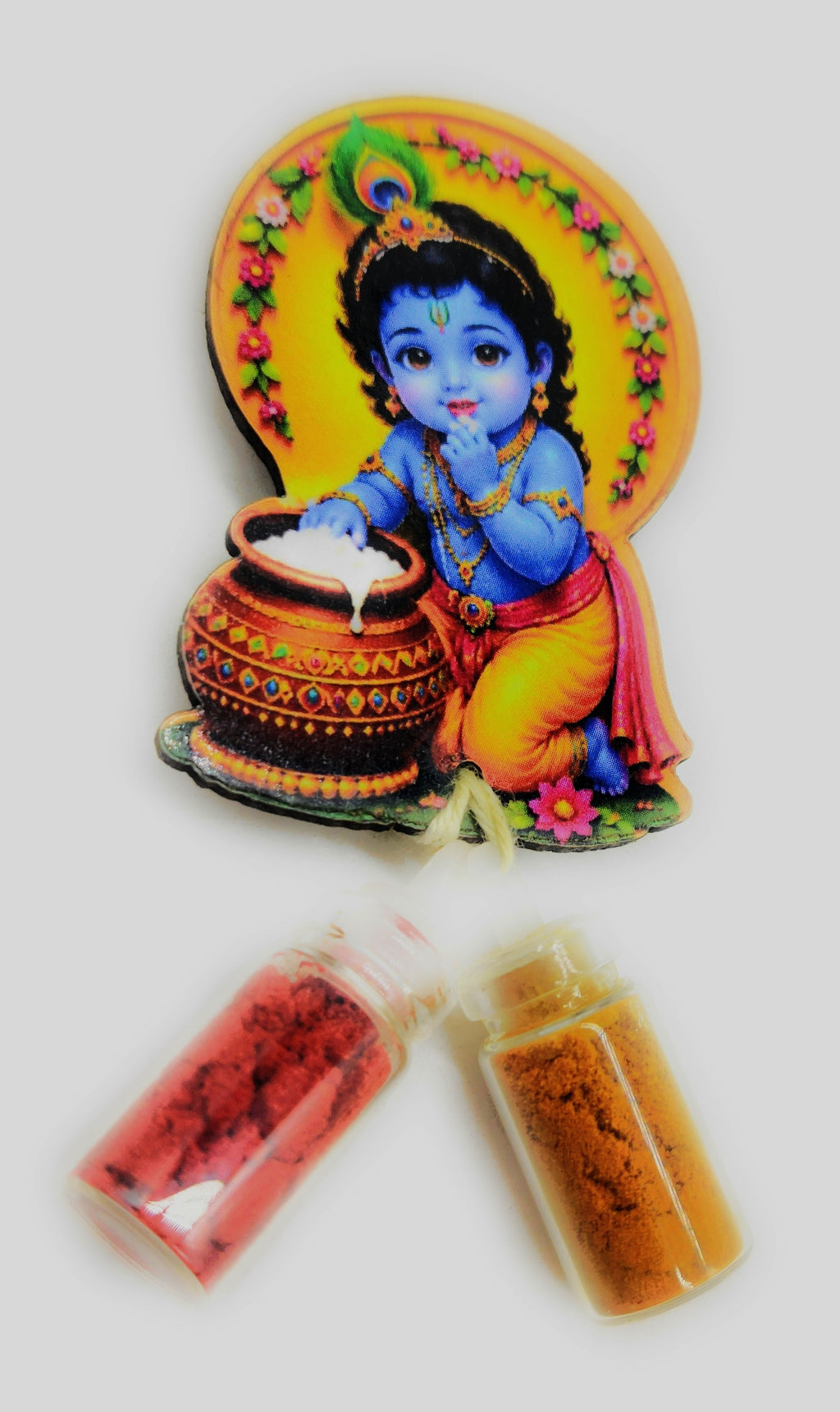 Haldi Roli 1ml mini Bottles with MDF Krishan ji (2 Inch), with Fridge Magnet P52