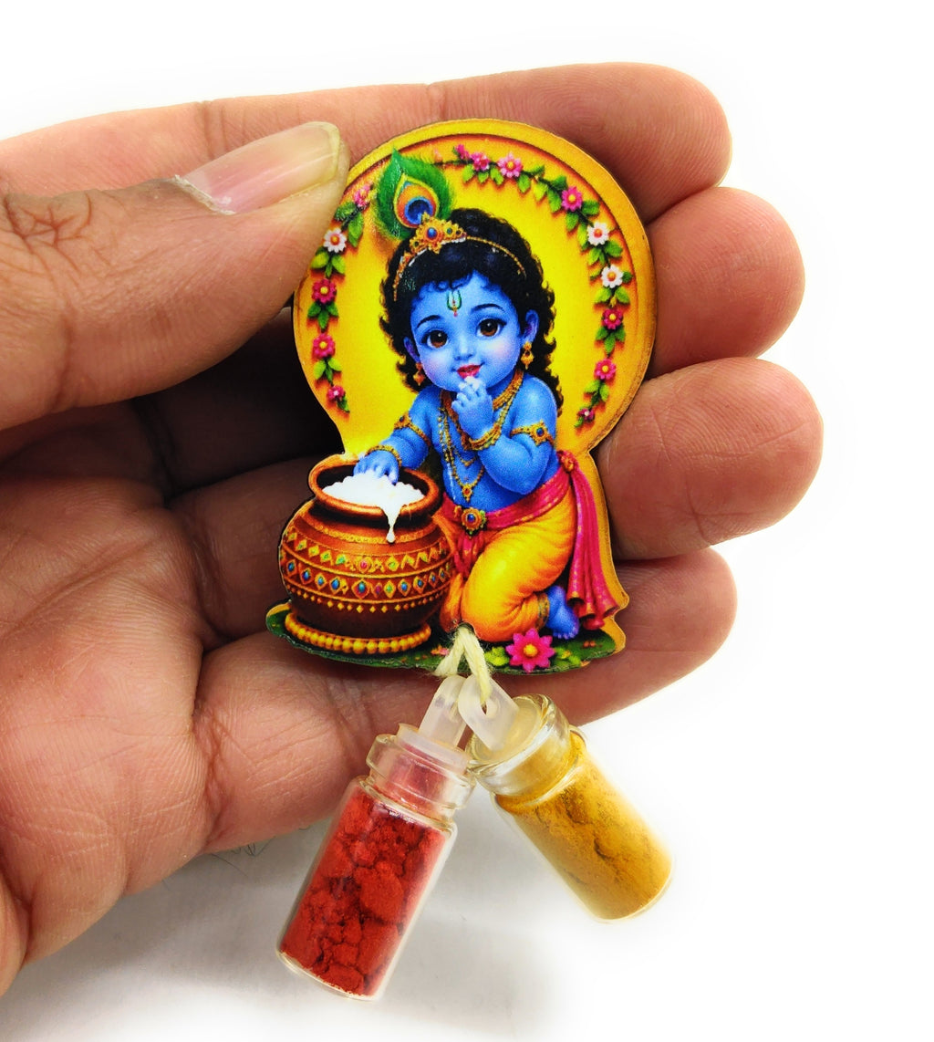 Haldi Roli 1ml mini Bottles with MDF Krishan ji (2 Inch), with Fridge Magnet P52