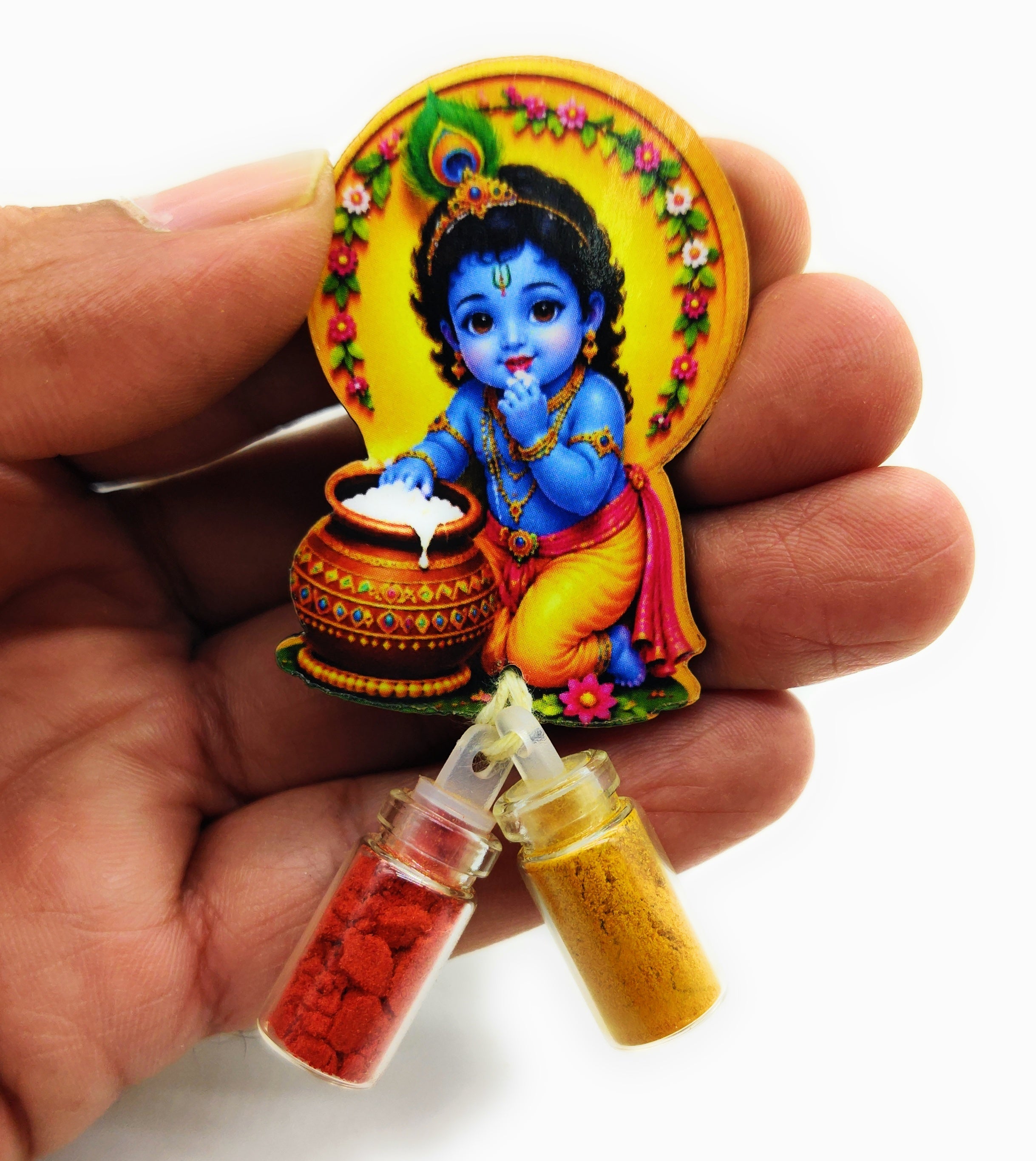 Haldi Roli 1ml mini Bottles with MDF Krishan ji (2 Inch), with Fridge Magnet P52