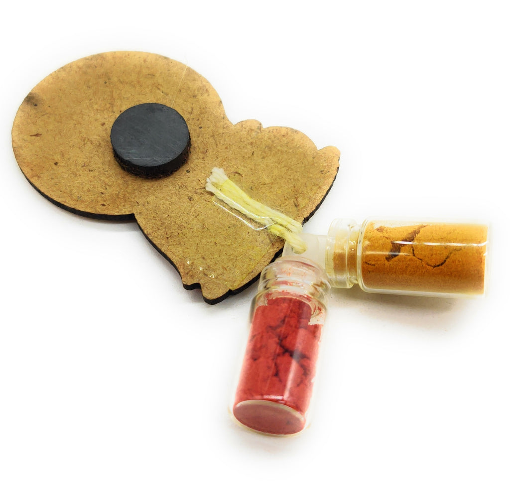 Haldi Roli 1ml mini Bottles with MDF Krishan ji (2 Inch), with Fridge Magnet P52