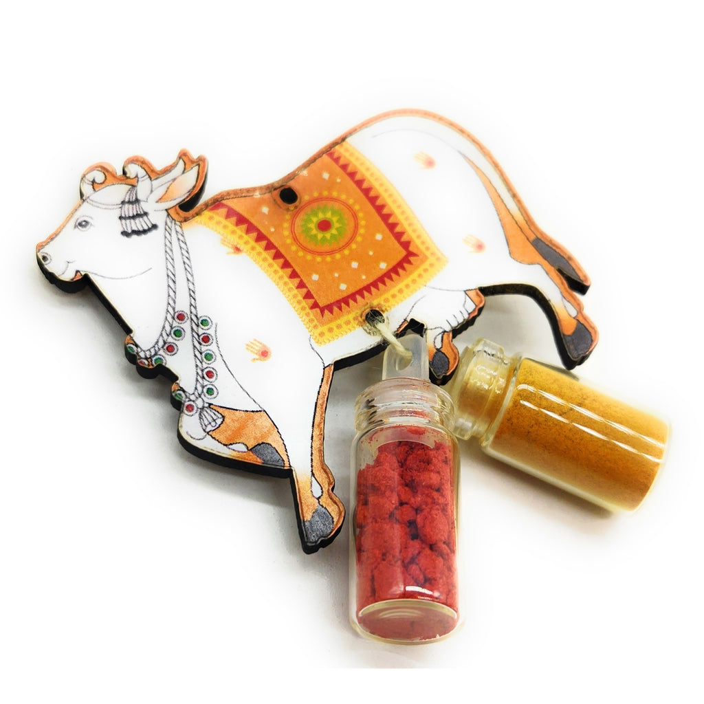 Haldi Roli 1ml mini Bottles with MDF Cow (2 Inch) with Fridge Magnet P55