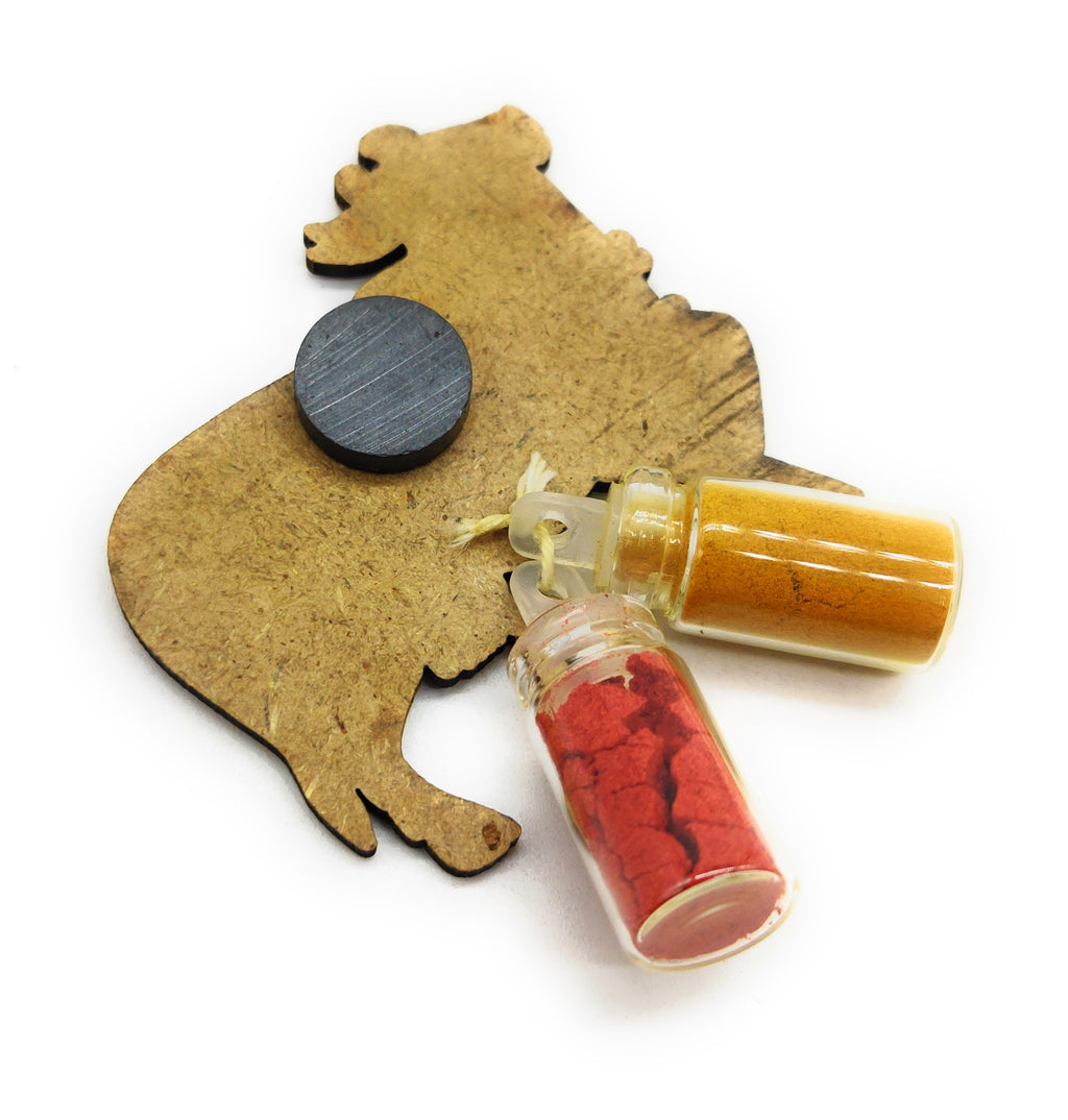 Haldi Roli 1ml mini Bottles with MDF Cow (2 Inch) with Fridge Magnet P55