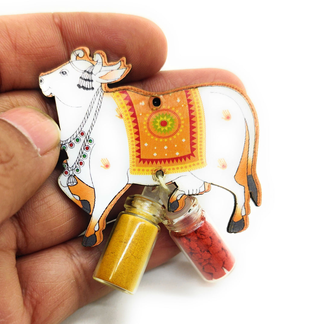 Haldi Roli 1ml mini Bottles with MDF Cow (2 Inch) with Fridge Magnet P55