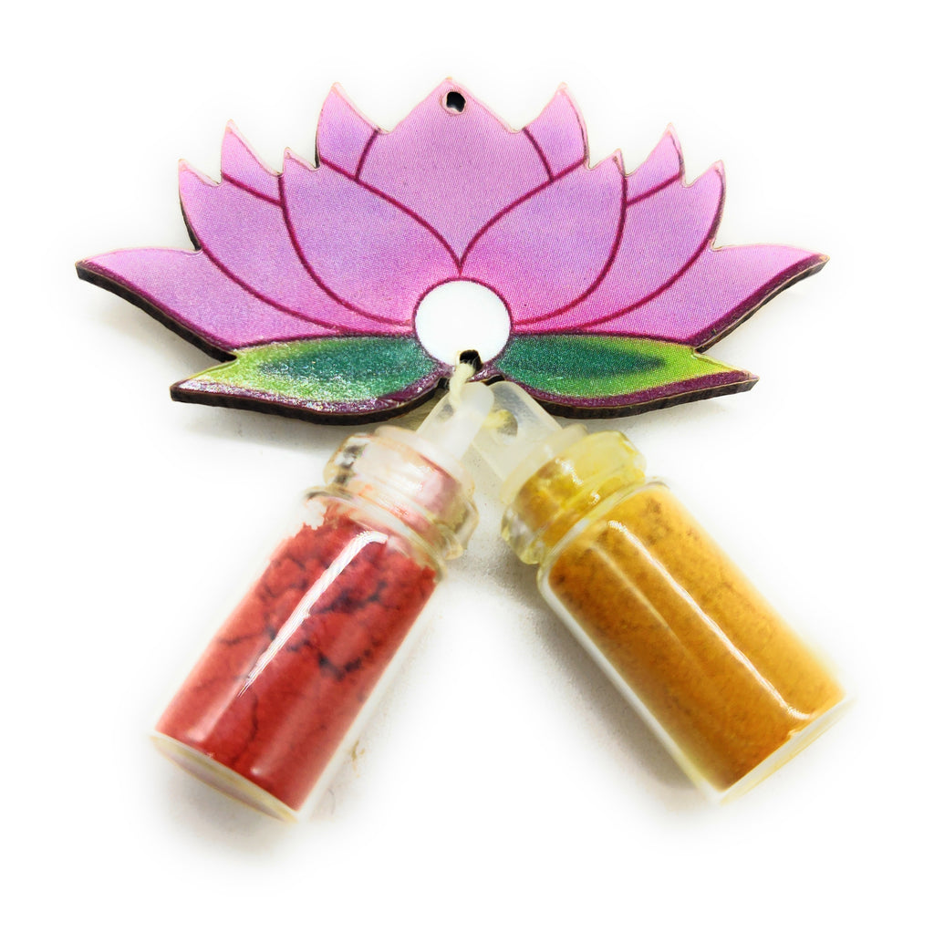 Haldi Roli 1ml mini Bottles with MDF Lotus (2 Inch) with Fridge Magnet P56