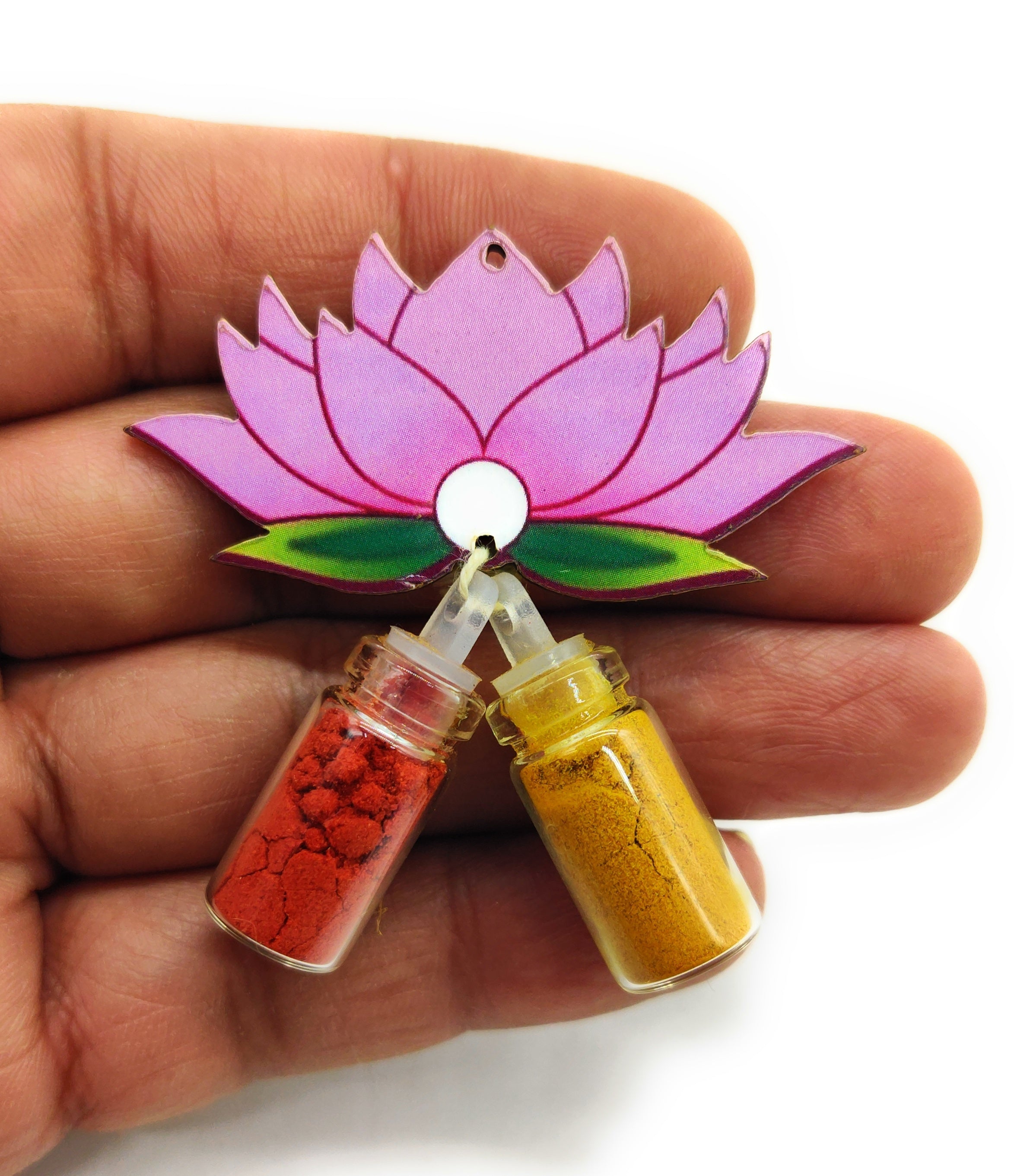 Haldi Roli 1ml mini Bottles with MDF Lotus (2 Inch) with Fridge Magnet P56