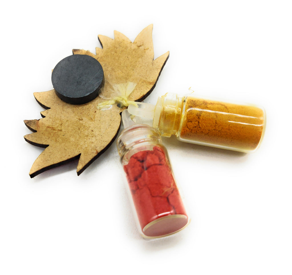 Haldi Roli 1ml mini Bottles with MDF Lotus (2 Inch) with Fridge Magnet P56
