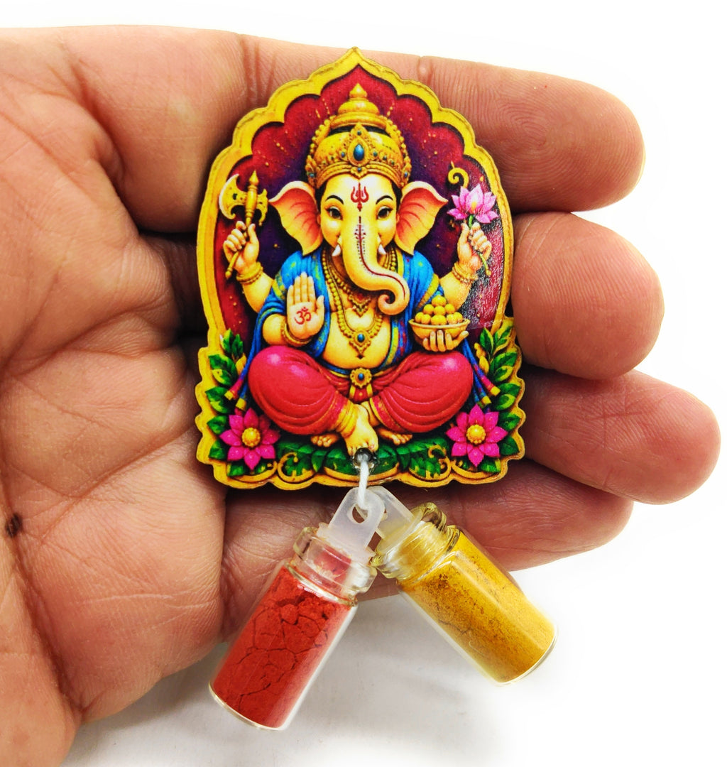 Haldi Roli 1ml mini Bottles with MDF Ganesh ji (2 Inch), with Fridge Magnet P51