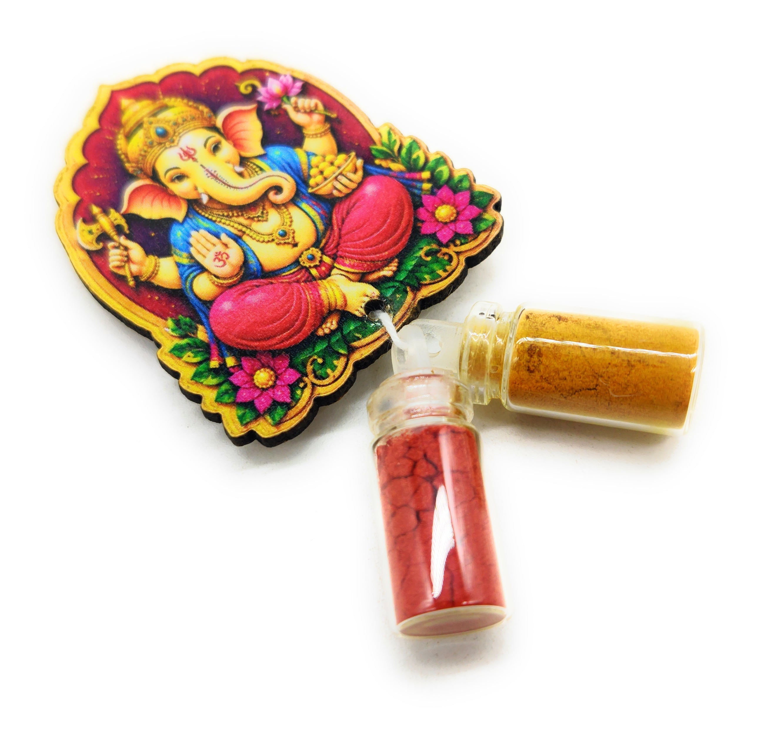 Haldi Roli 1ml mini Bottles with MDF Ganesh ji (2 Inch), with Fridge Magnet P51