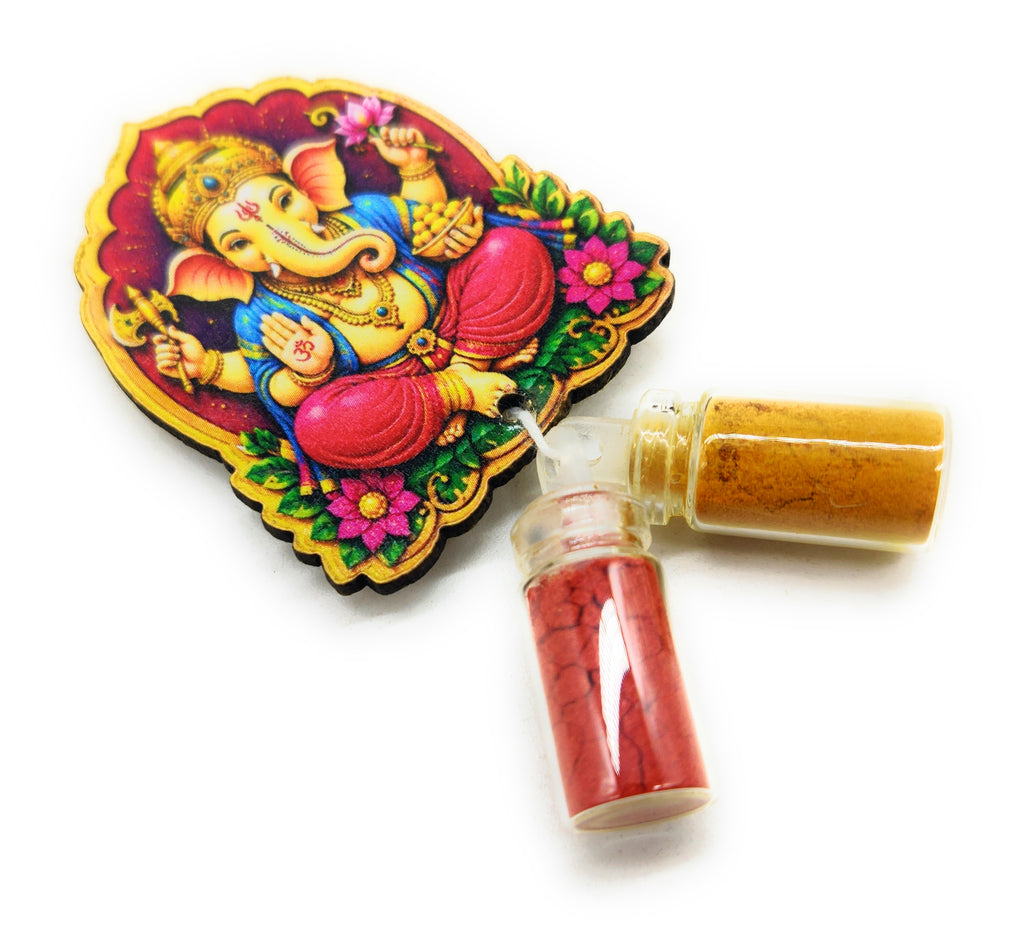 Haldi Roli 1ml mini Bottles with MDF Ganesh ji (2 Inch), with Fridge Magnet P51