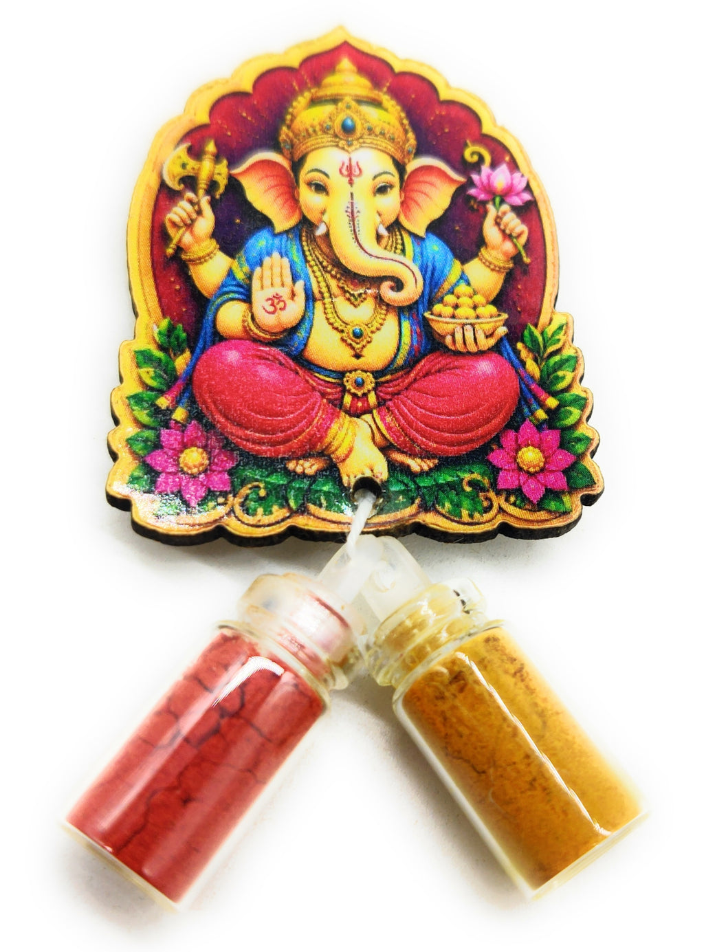 Haldi Roli 1ml mini Bottles with MDF Ganesh ji (2 Inch), with Fridge Magnet P51