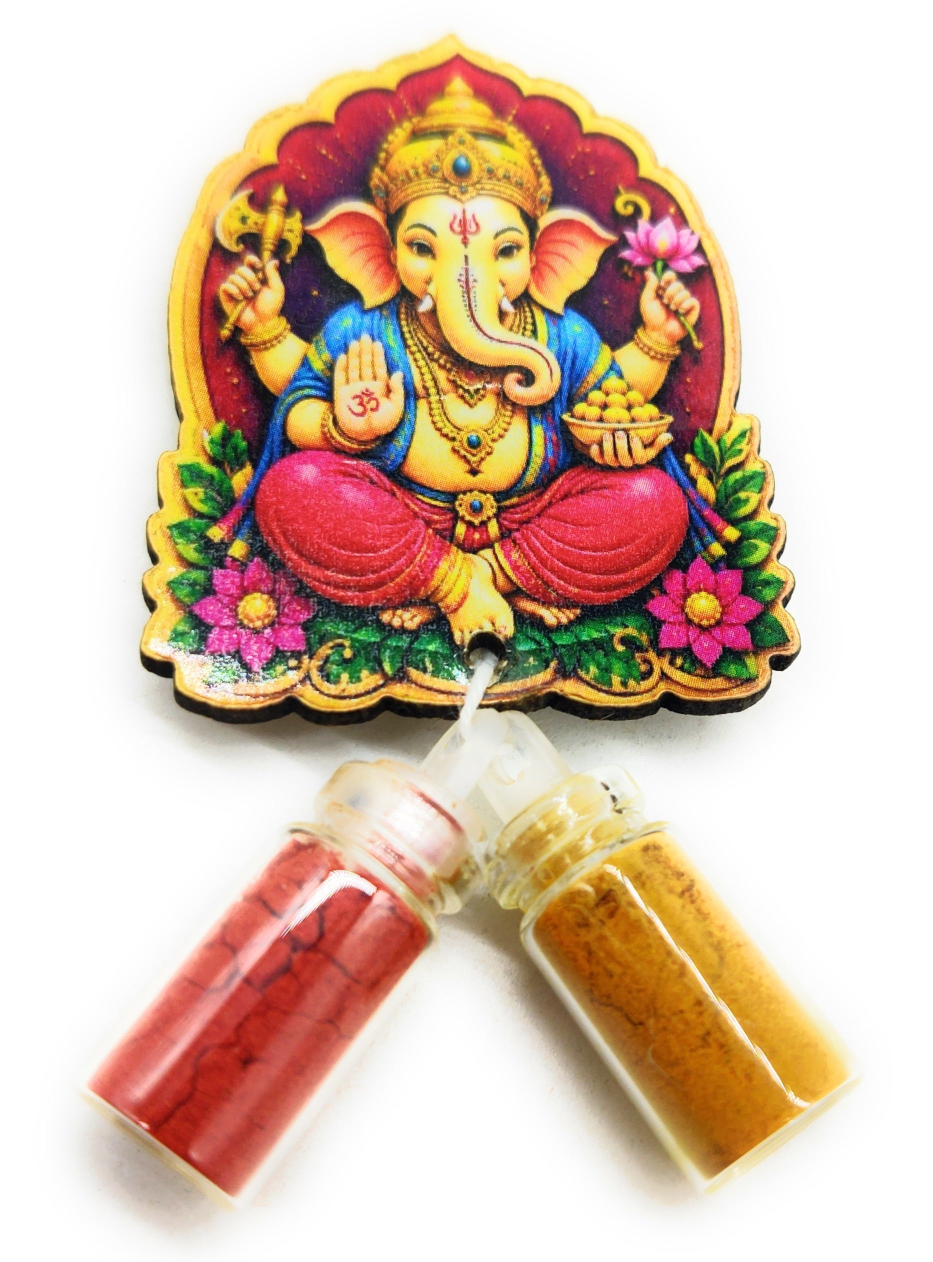 Haldi Roli 1ml mini Bottles with MDF Ganesh ji (2 Inch), with Fridge Magnet P51
