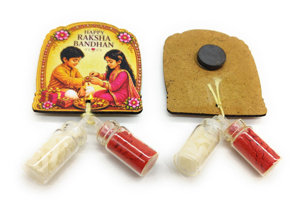 Roli Chawal 1ml mini Bottles with MDF Raksha Bandhan (2 Inch), with Fridge Magnet  P61