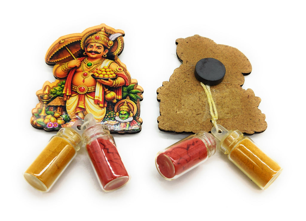 Haldi Roli 1ml mini Bottles with MDF Mahabali ji (2 Inch), with Fridge Magnet P53