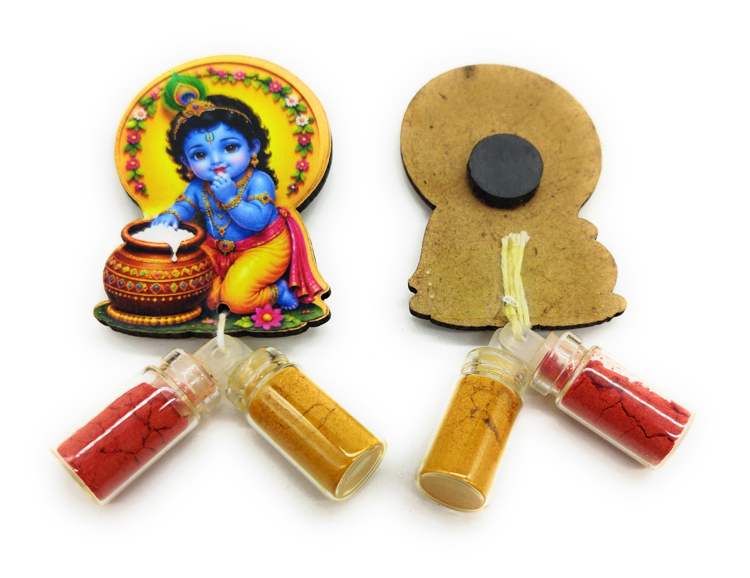 Haldi Roli 1ml mini Bottles with MDF Krishan ji (2 Inch), with Fridge Magnet P52