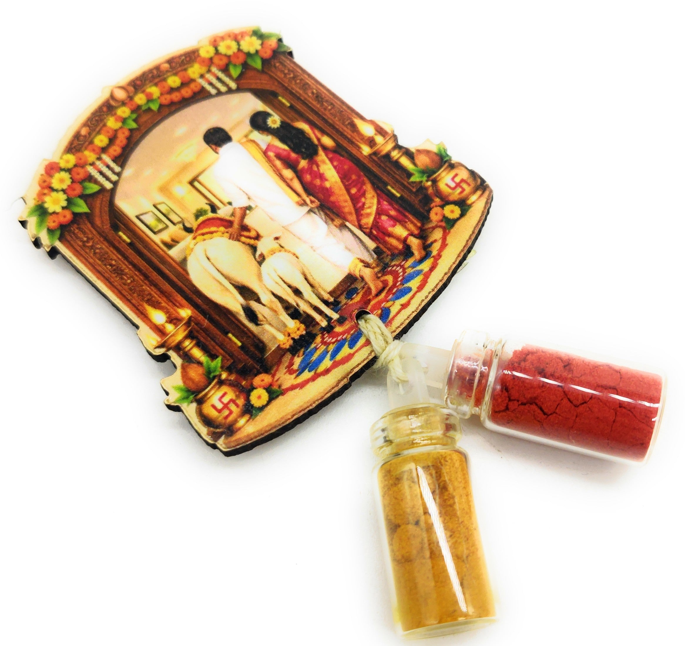 Haldi Roli 1ml mini Bottles with MDF House Warming (2 Inch), with Fridge Magnet P57