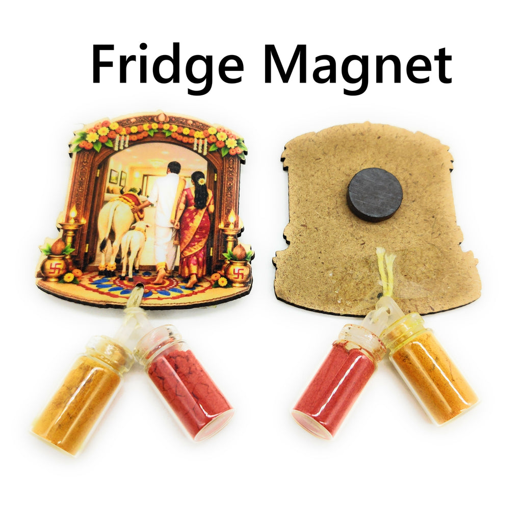 Haldi Roli 1ml mini Bottles with MDF House Warming (2 Inch), with Fridge Magnet P57