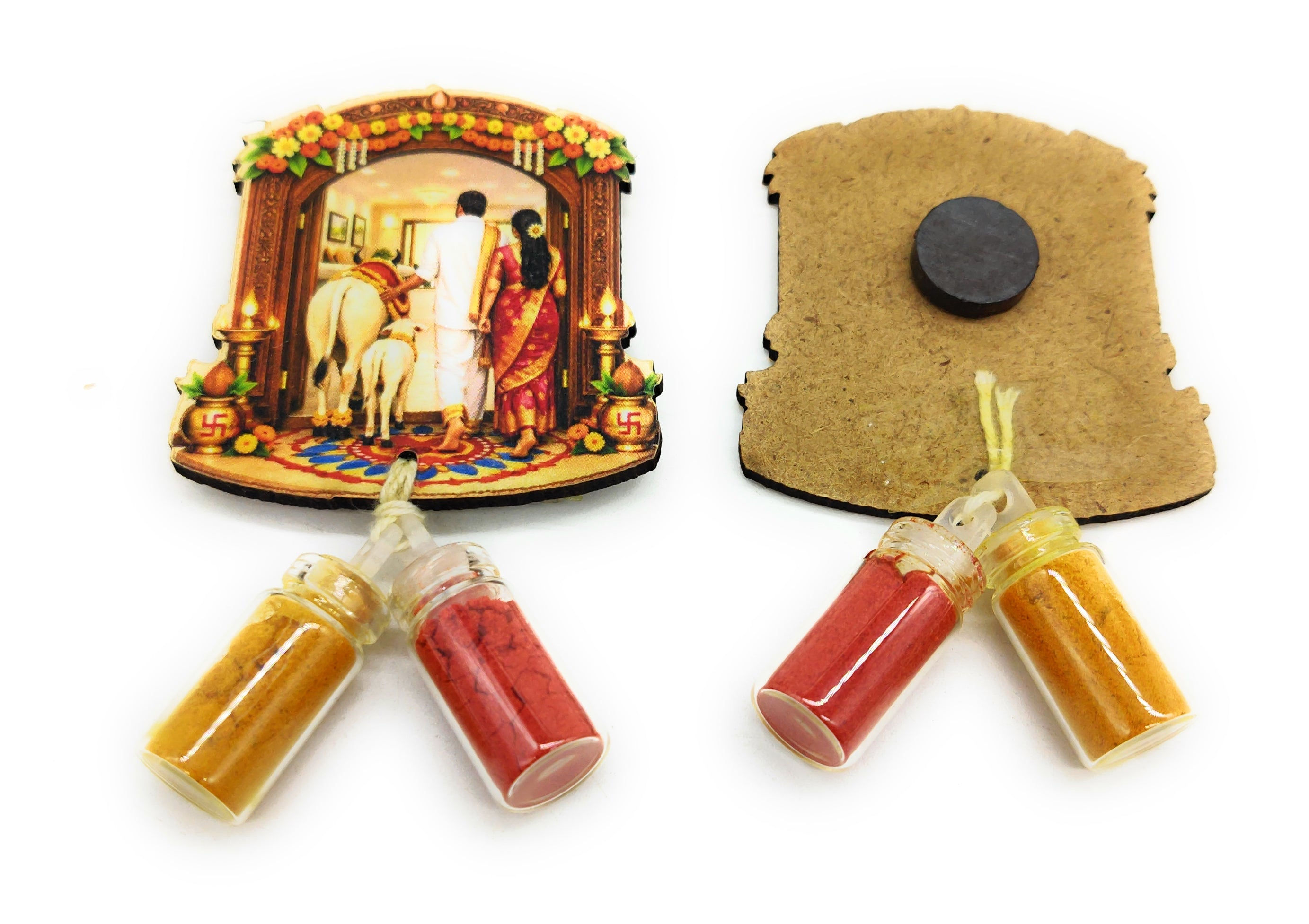 Haldi Roli 1ml mini Bottles with MDF House Warming (2 Inch), with Fridge Magnet P57