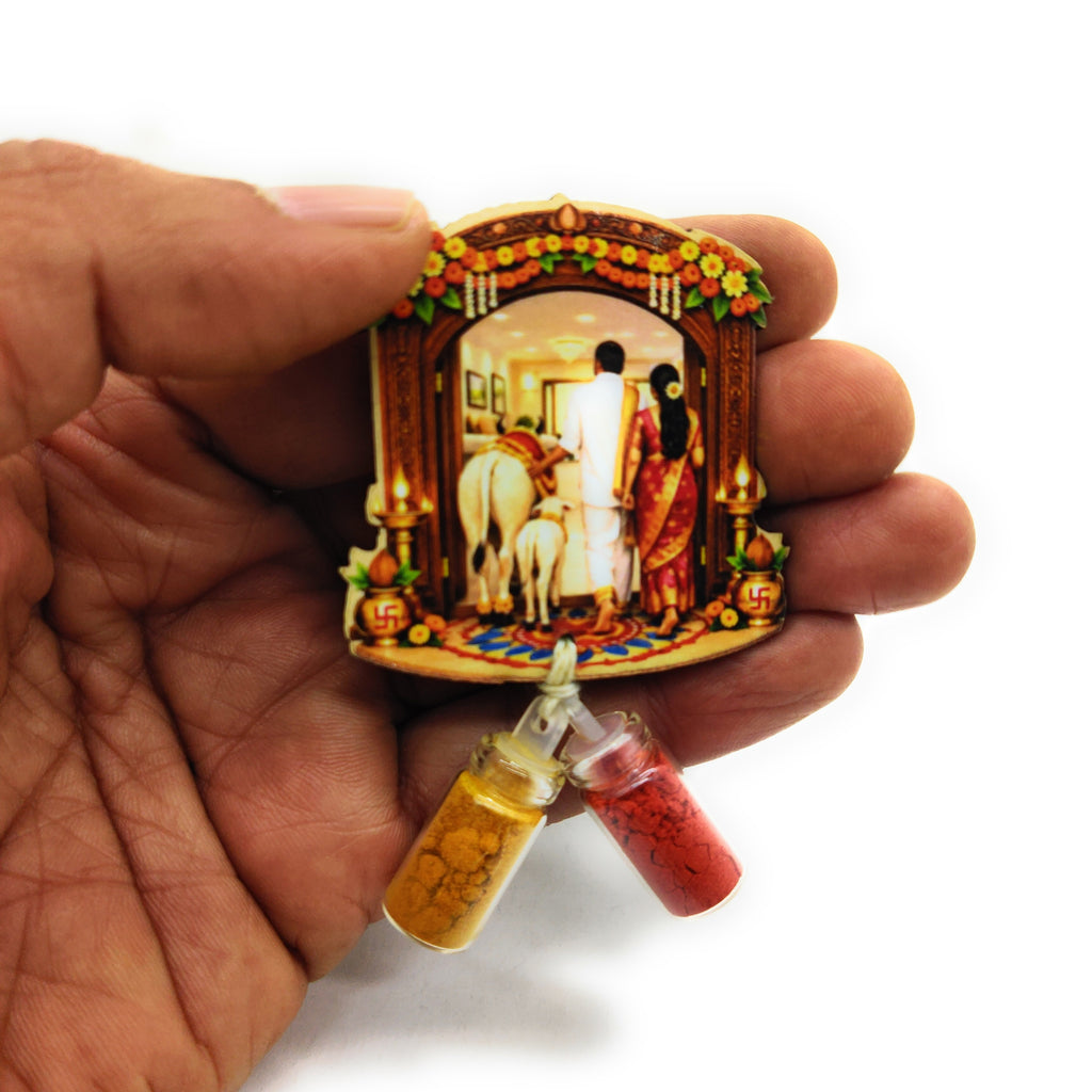 Haldi Roli 1ml mini Bottles with MDF House Warming (2 Inch), with Fridge Magnet P57