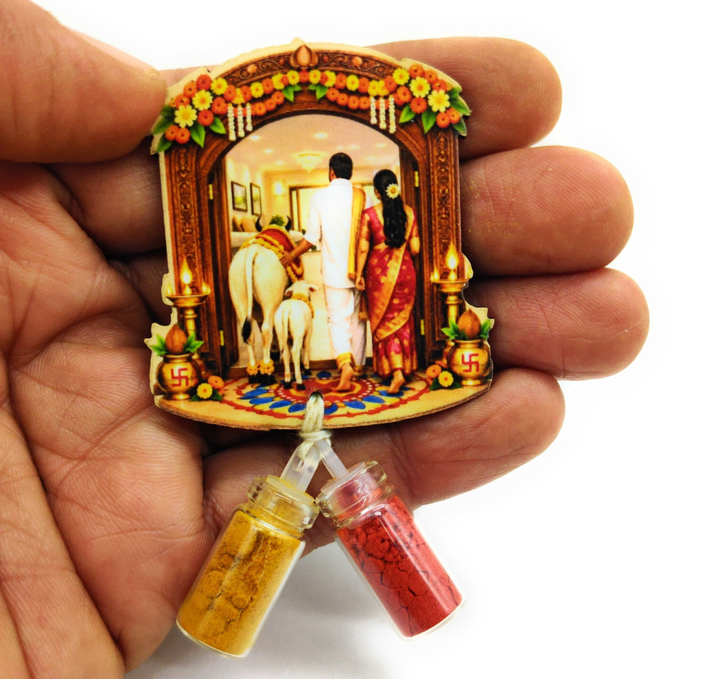 Haldi Roli 1ml mini Bottles with MDF House Warming (2 Inch), with Fridge Magnet P57
