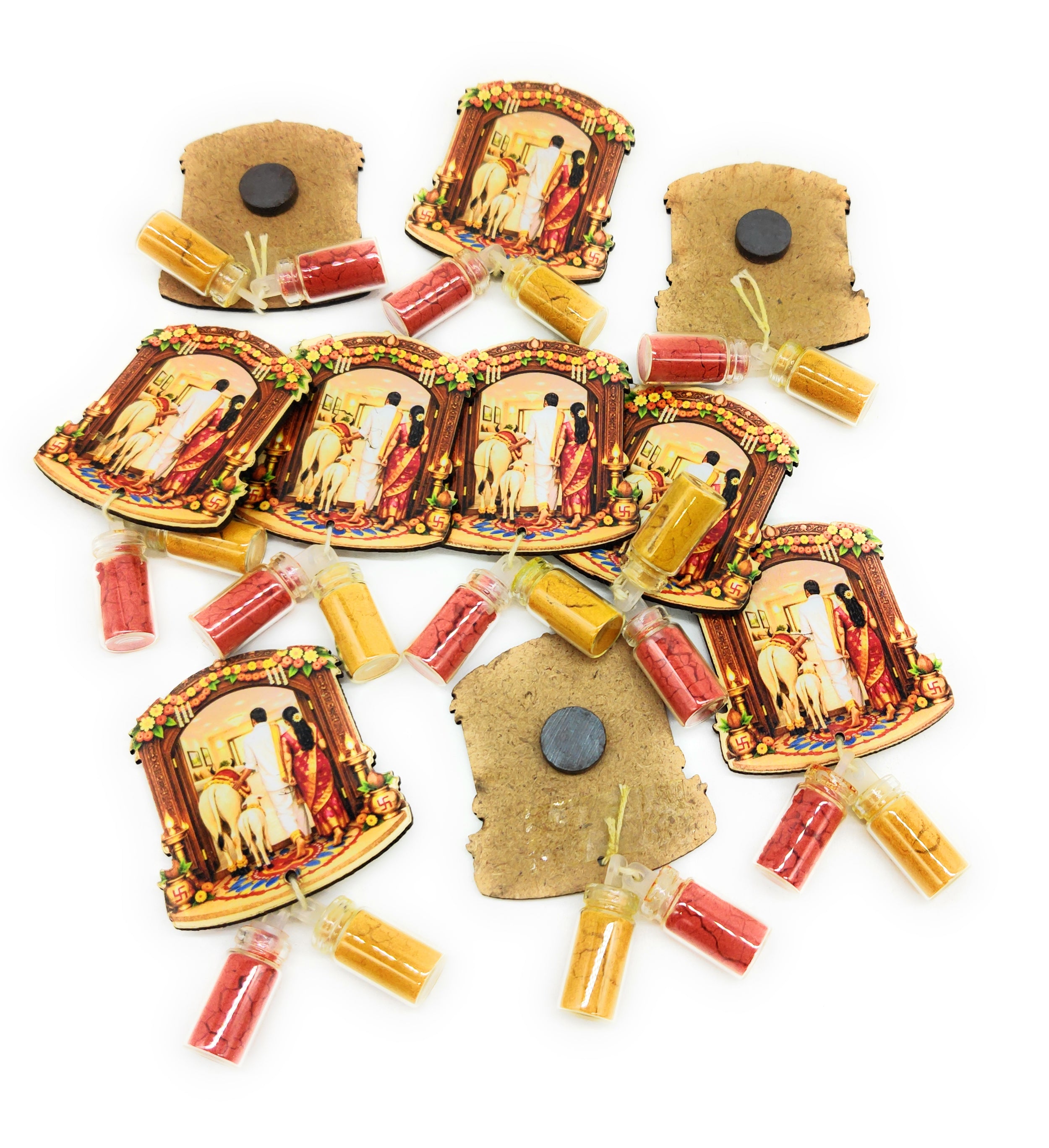 Haldi Roli 1ml mini Bottles with MDF House Warming (2 Inch), with Fridge Magnet P57