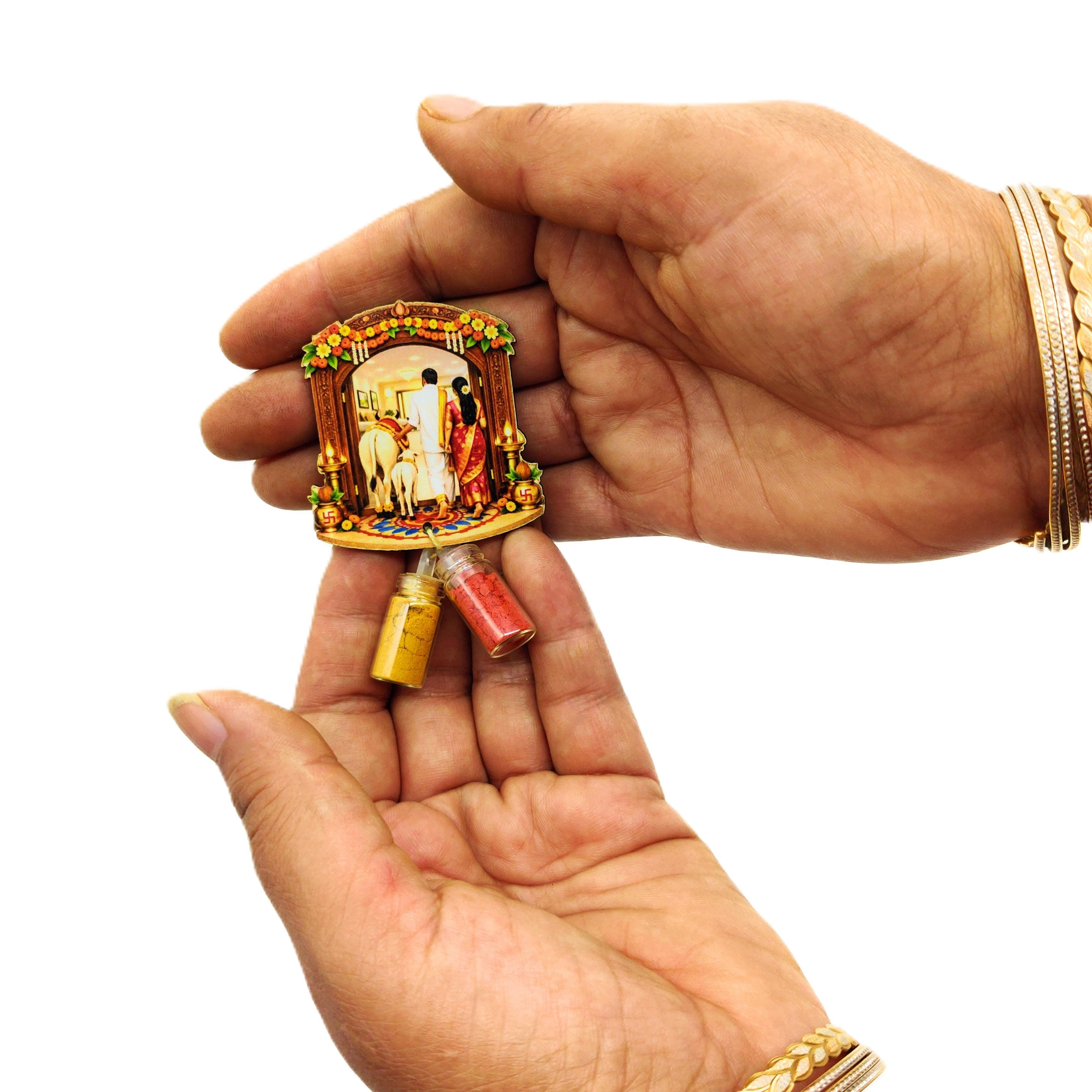 Haldi Roli 1ml mini Bottles with MDF House Warming (2 Inch), with Fridge Magnet P57