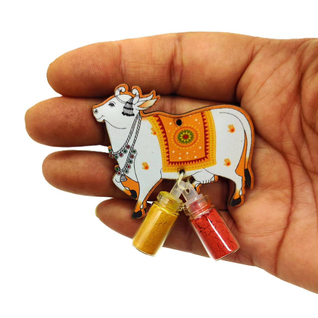 Haldi Roli 1ml mini Bottles with MDF Cow (2 Inch) with Fridge Magnet P55