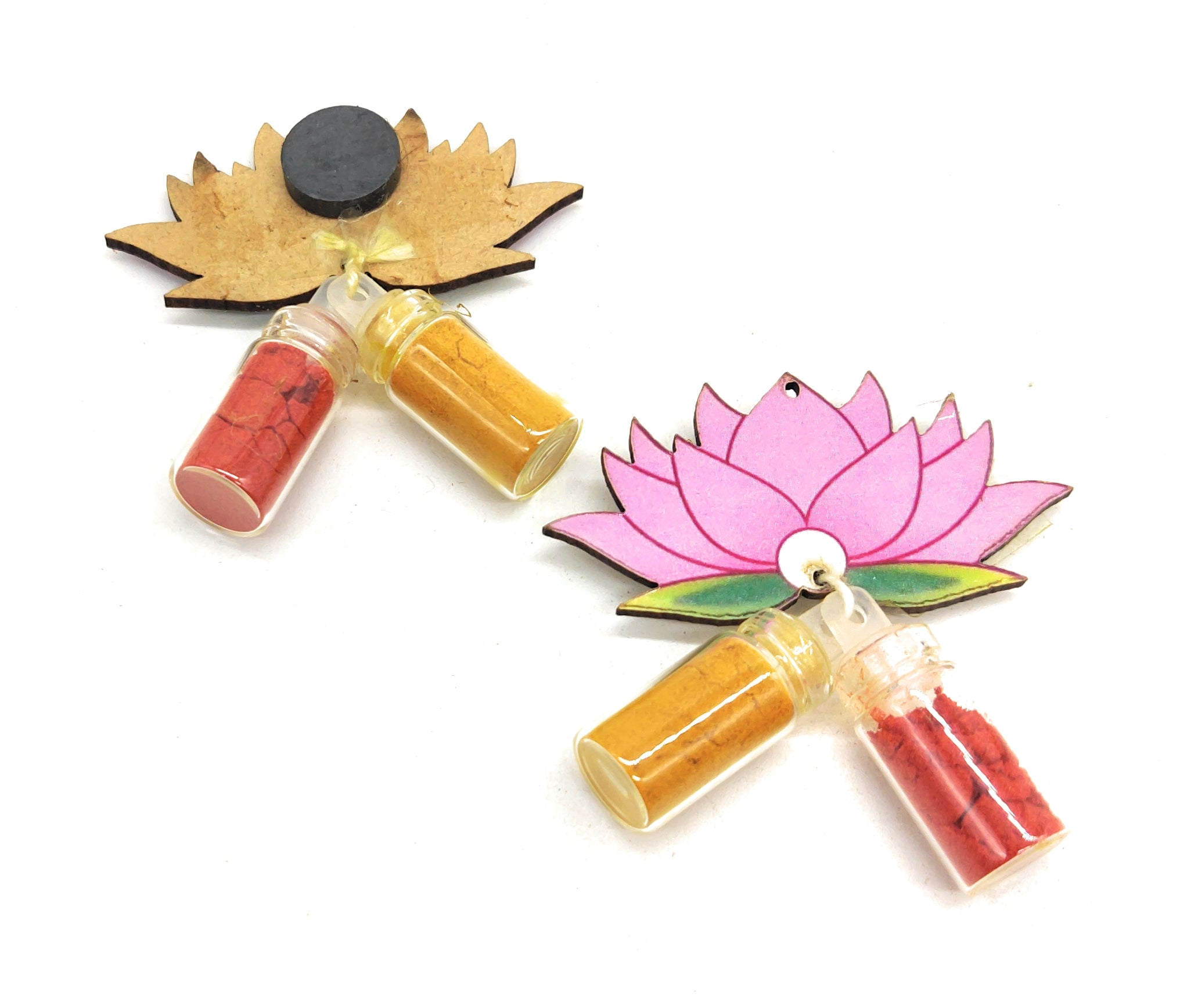 Haldi Roli 1ml mini Bottles with MDF Lotus (2 Inch) with Fridge Magnet P56