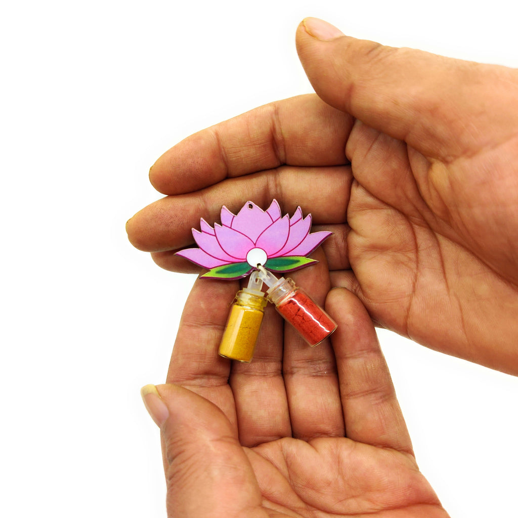 Haldi Roli 1ml mini Bottles with MDF Lotus (2 Inch) with Fridge Magnet P56