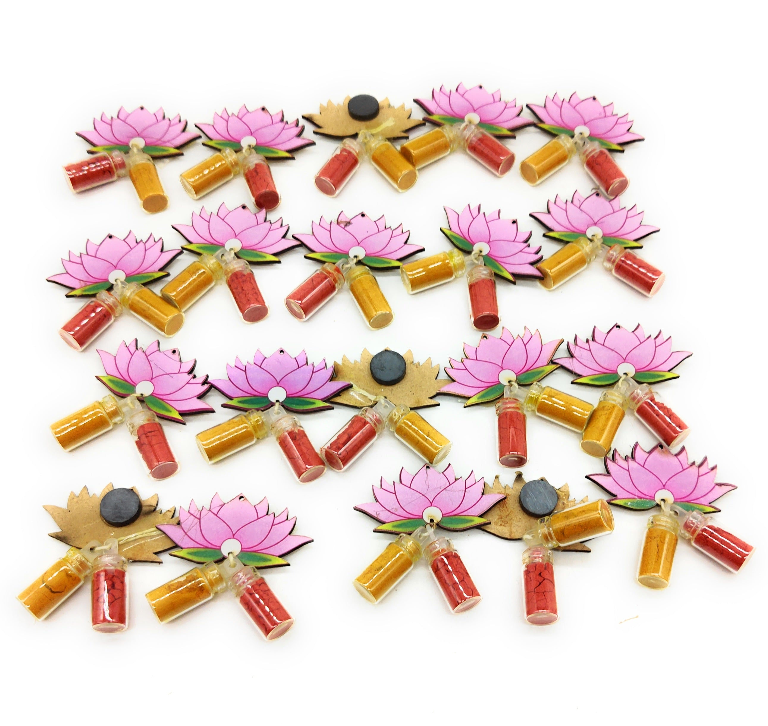 Haldi Roli 1ml mini Bottles with MDF Lotus (2 Inch) with Fridge Magnet P56