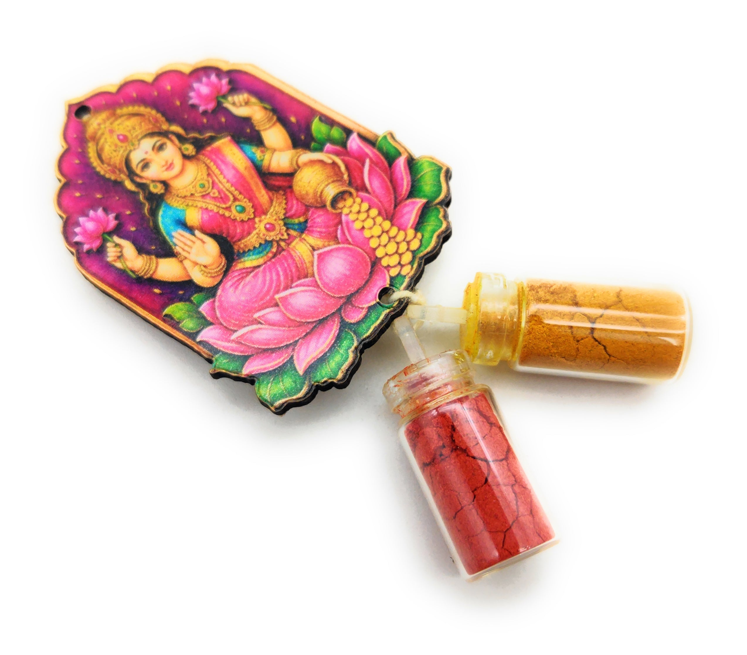 Haldi Roli 1ml mini Bottles with MDF Lakshmi ji (2 Inch), with Fridge Magnet P59
