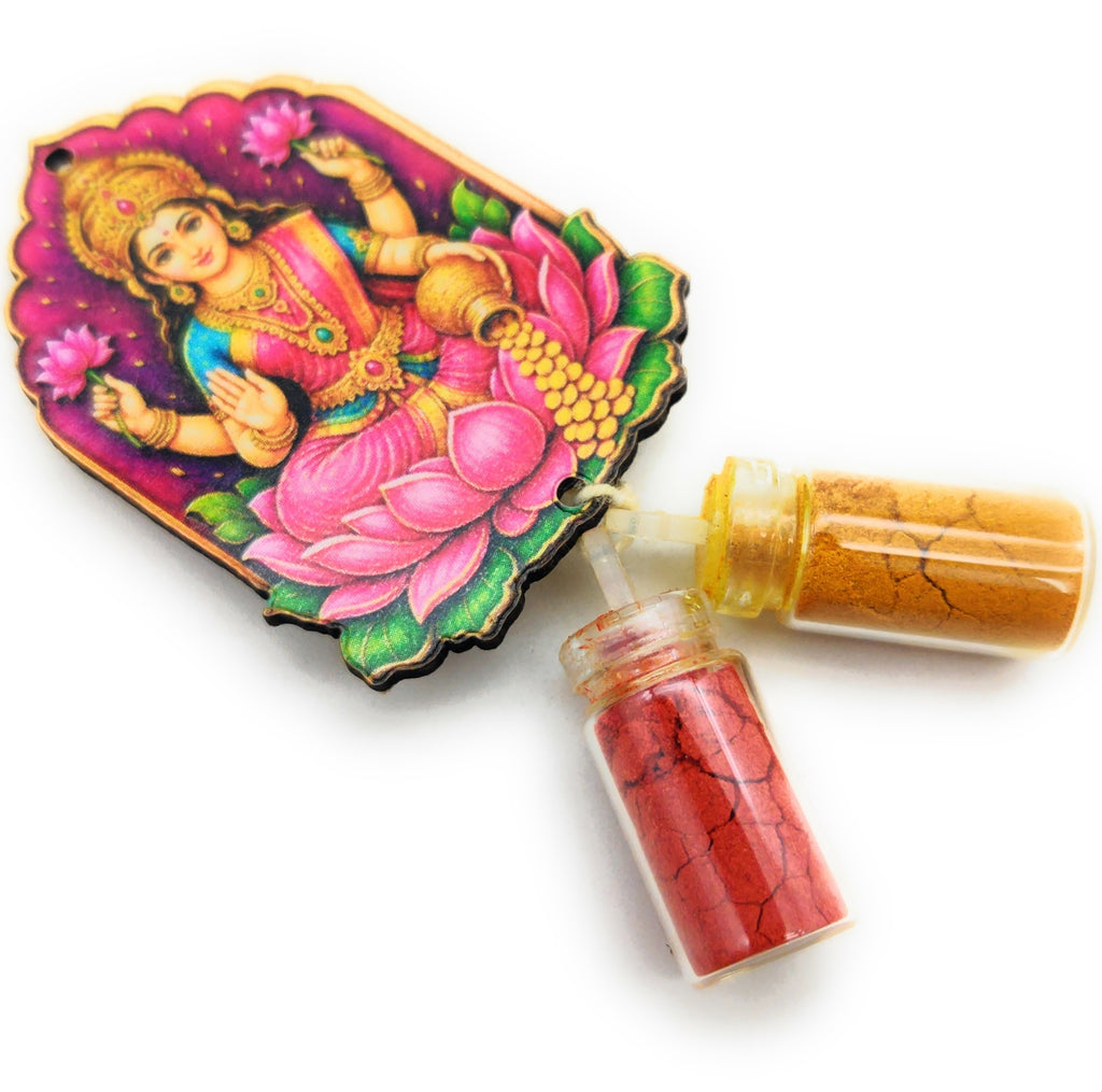 Haldi Roli 1ml mini Bottles with MDF Lakshmi ji (2 Inch), with Fridge Magnet P59