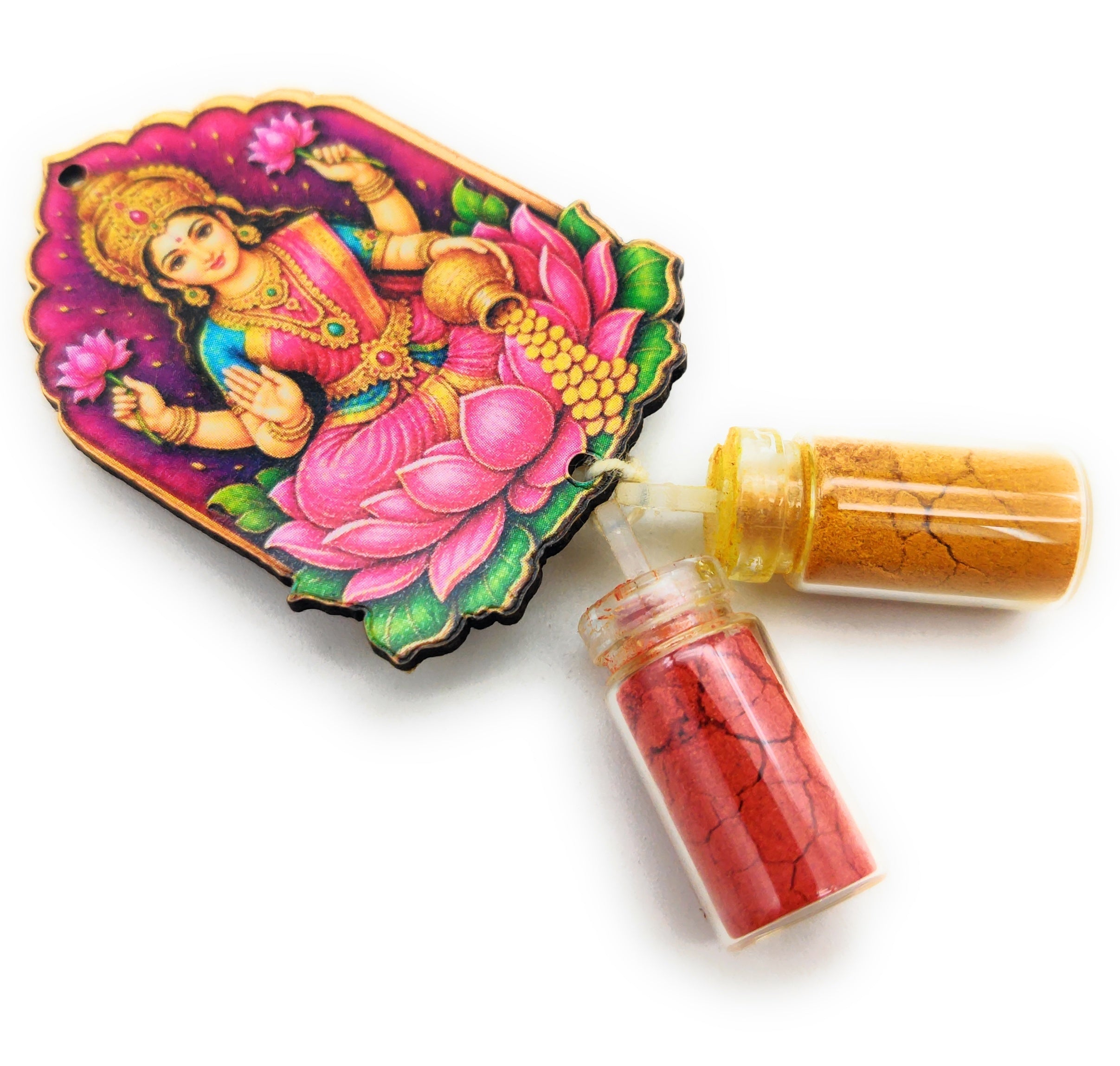 Haldi Roli 1ml mini Bottles with MDF Lakshmi ji (2 Inch), with Fridge Magnet P59
