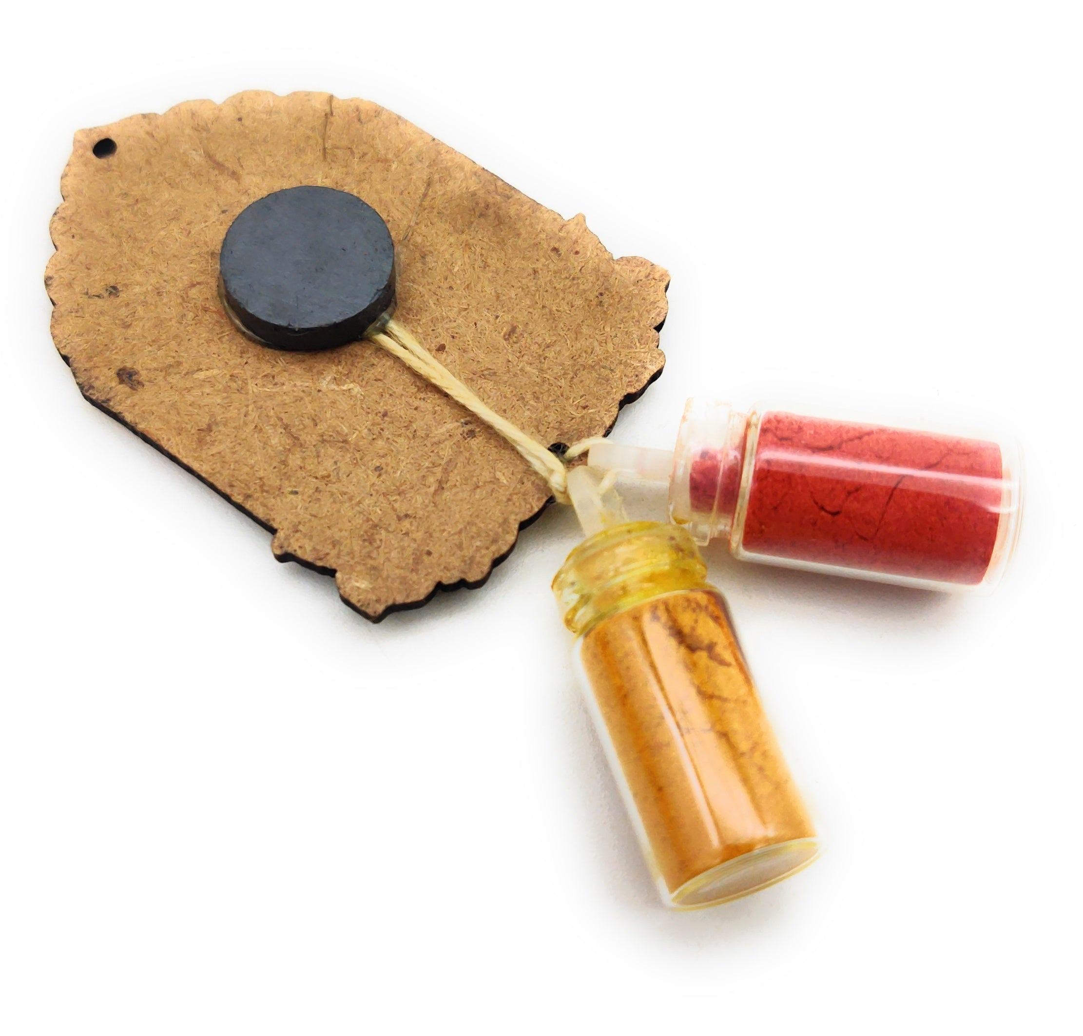 Haldi Roli 1ml mini Bottles with MDF Lakshmi ji (2 Inch), with Fridge Magnet P59