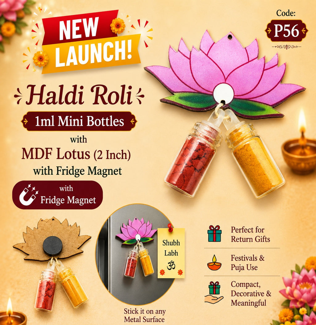Haldi Roli 1ml mini Bottles with MDF Lotus (2 Inch) with Fridge Magnet P56