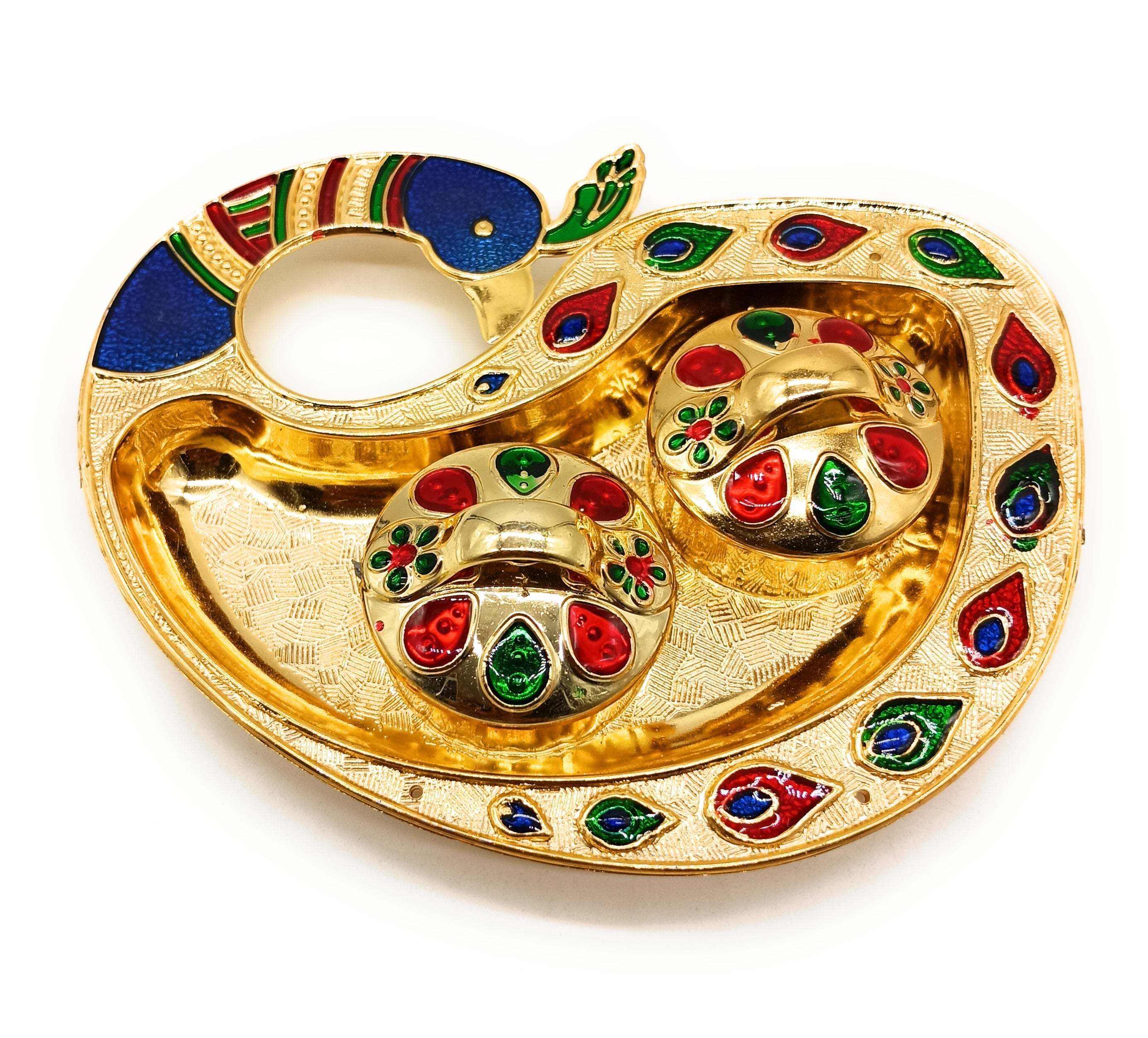 Meenakari Peacock Plate (Plastic) with 2 Small Dibbi 4.5" P12