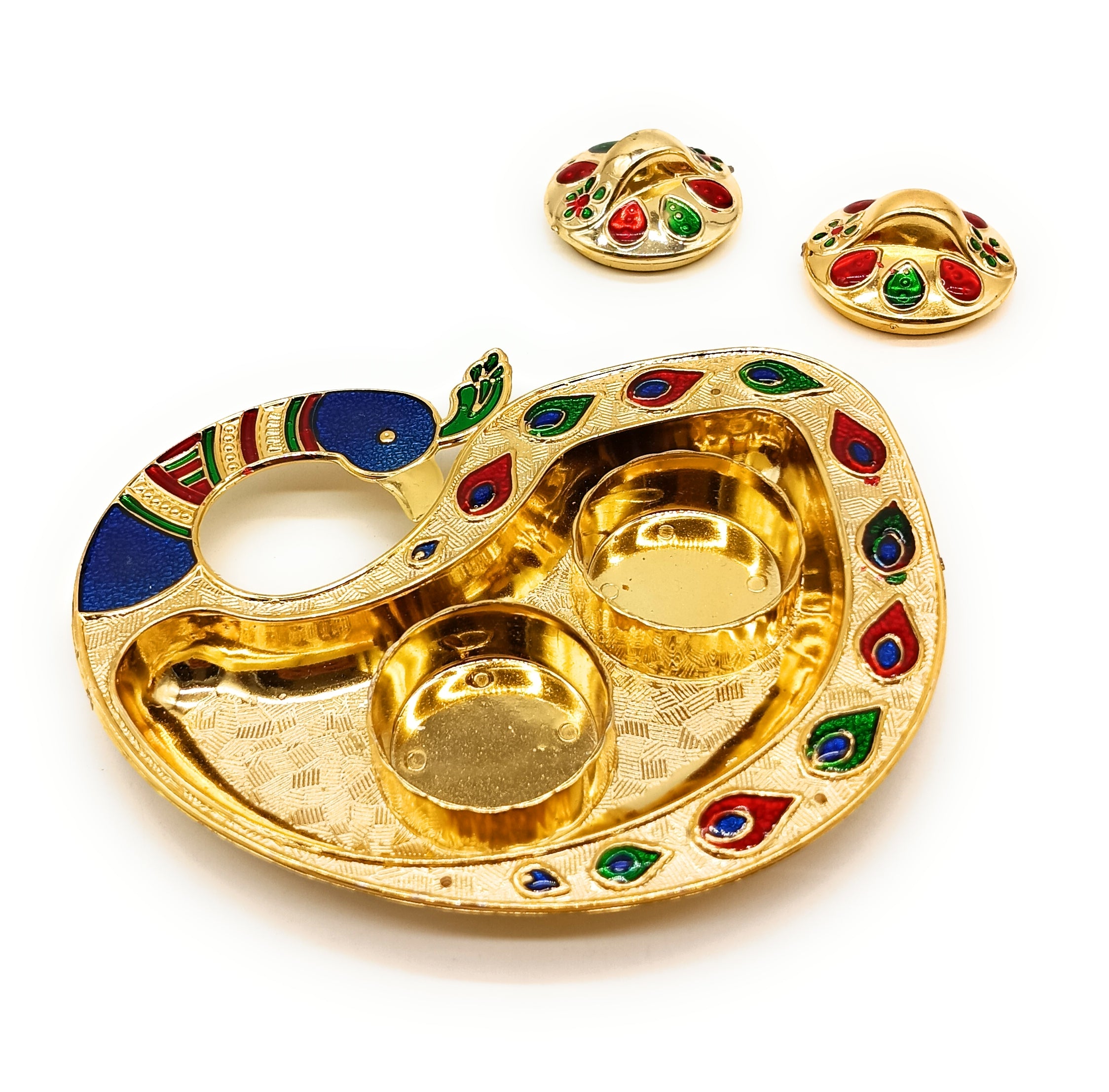 Meenakari Peacock Plate (Plastic) with 2 Small Dibbi 4.5" P12